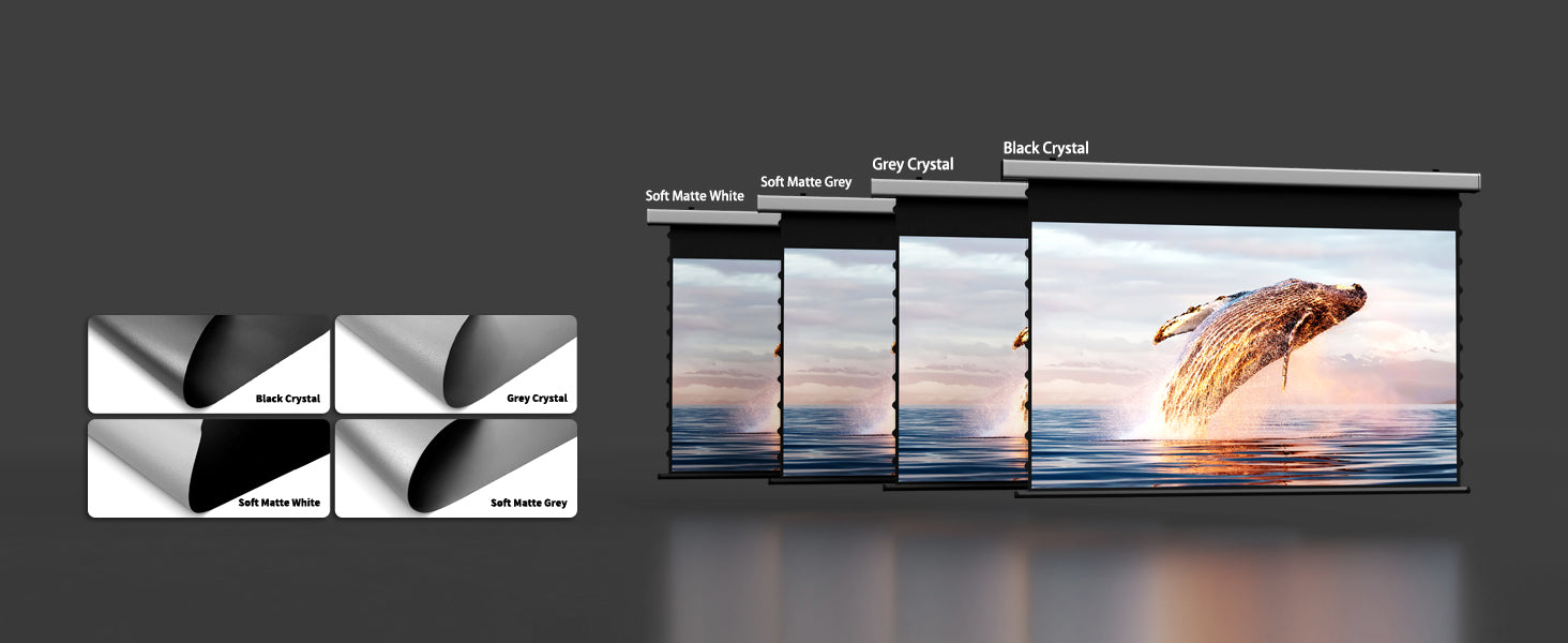WUPRO Cinema Fabric Comparison: Black Crystal, Grey Crystal, Soft Matte Grey, Soft Matte White