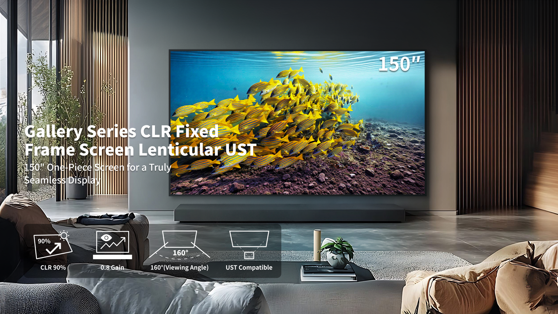 Wupro Cinema launch: 150 inch seamless Gallery Lenticular UST CLR ALR projector screen for professional home theater setup.