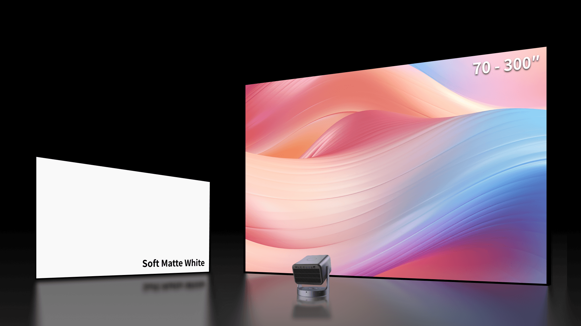 Matte white projector screen in a light-controlled home theater environment demonstrating natural color reproduction, wide viewing angles up to 160°, and compatibility with long throw, short throw, ultra-short throw, and RGB triple laser projectors.