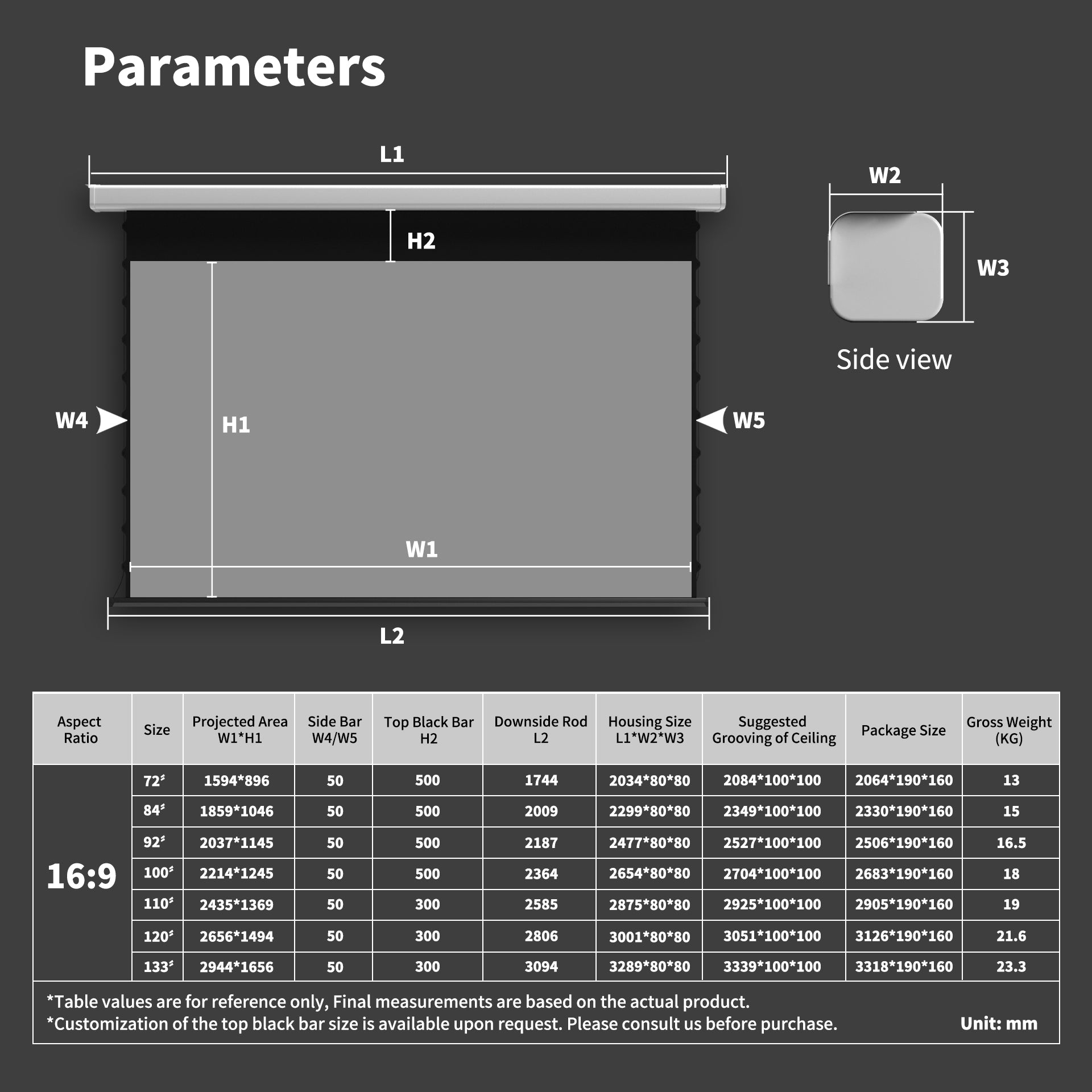 WUPRO Cinema QuadraArc Smart Motorized Drop-Down Screen Grey Crystal