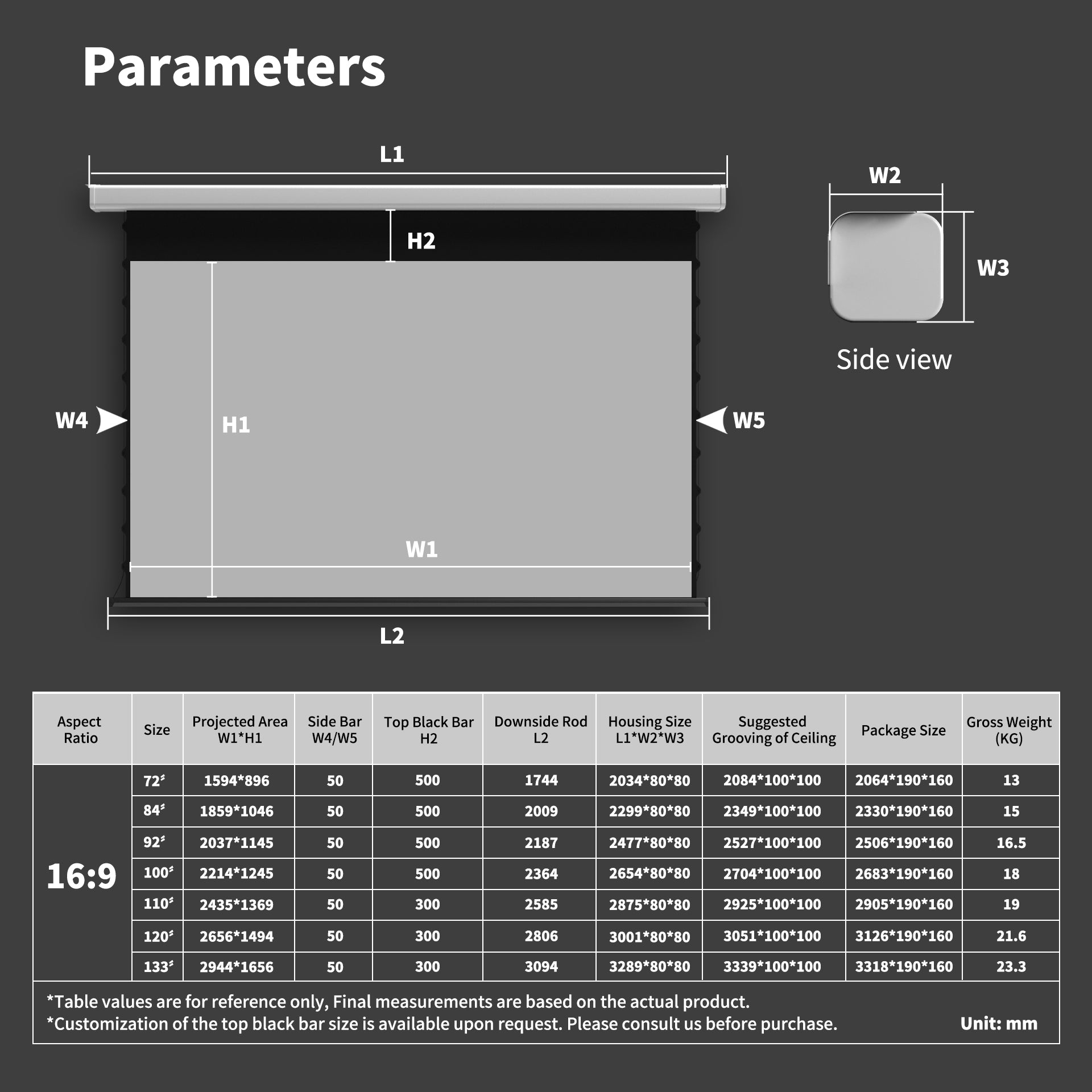 WUPRO Cinema QuadraArc Smart Motorized Drop-Down Screen Soft Matte Grey