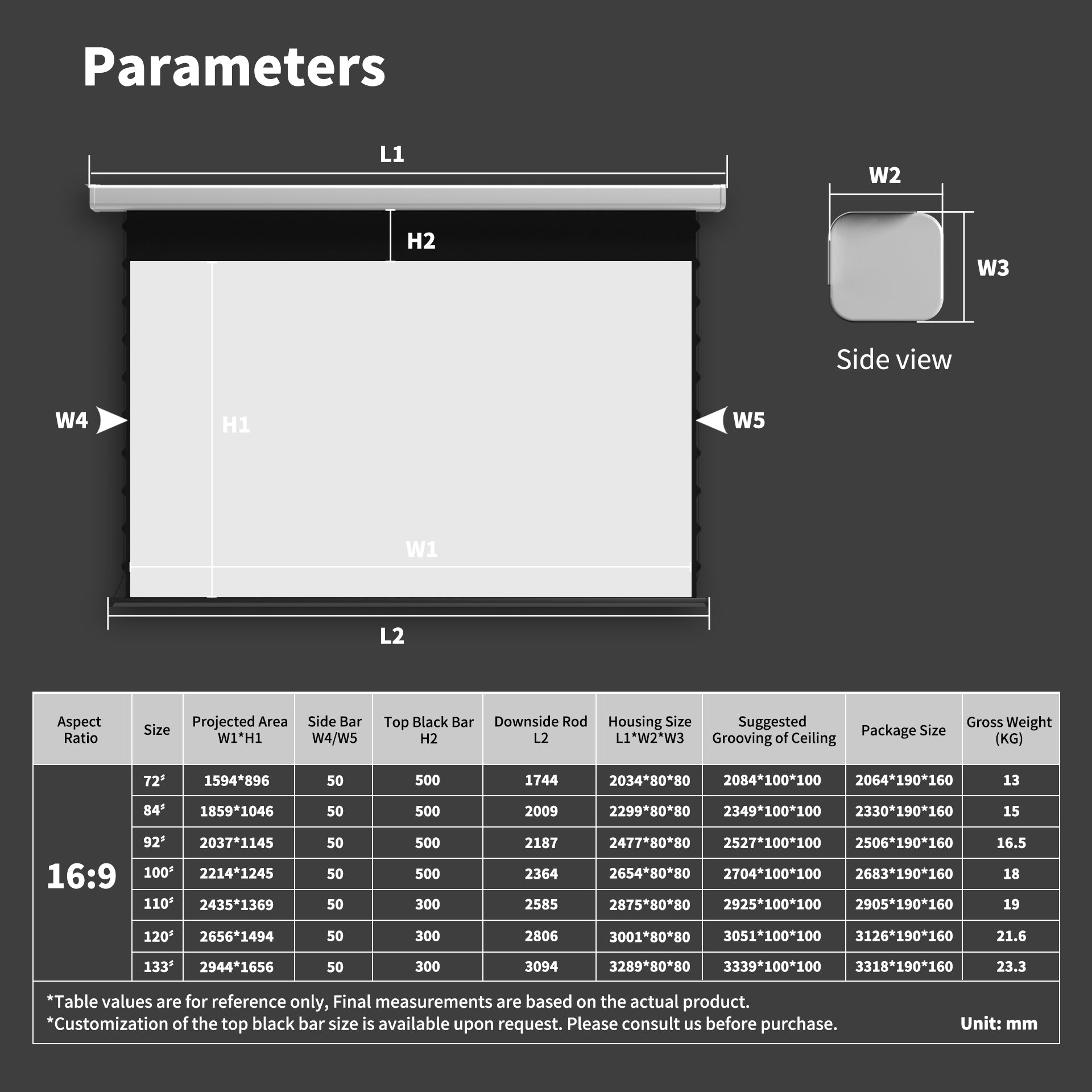WUPRO Cinema QuadraArc Smart Motorized Drop-Down Screen Soft Matte White