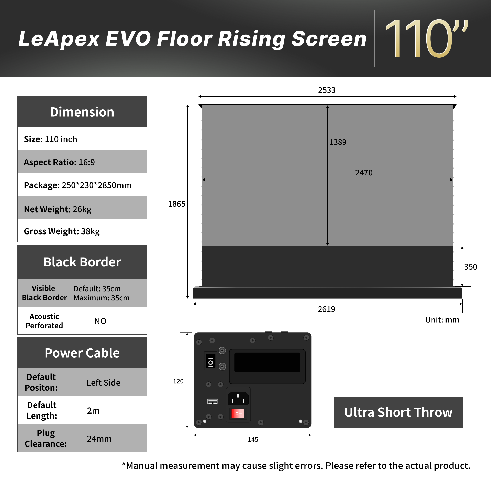 Size chart of WUPRO Cinema LeApex EVO 110 inch motorized floor rising UST screens