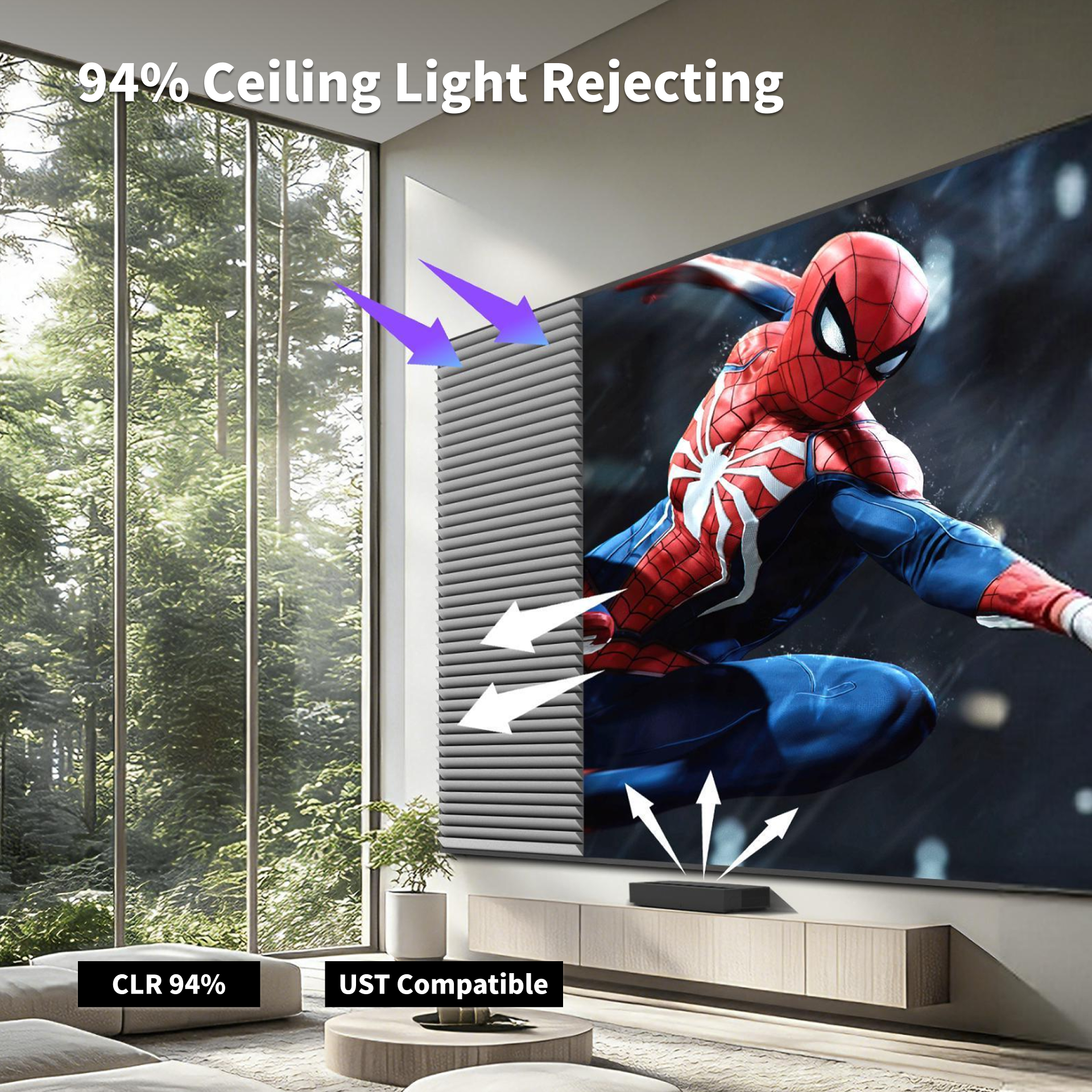 133 inch ALR screen displaying high contrast images in a bright living room