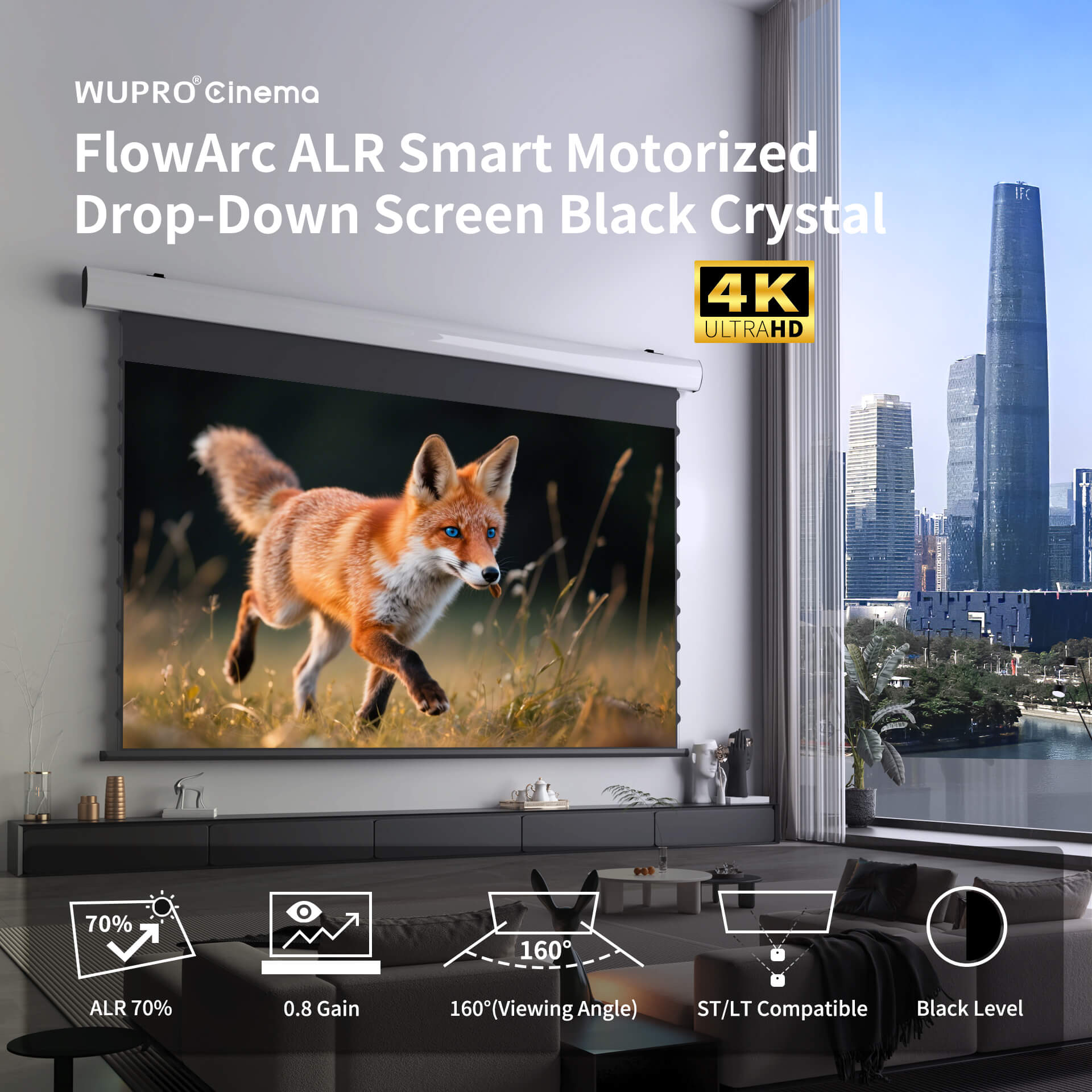 WUPRO Cinema FlowArc ALR Smart Motorized Drop-Down Screen Black Crystal