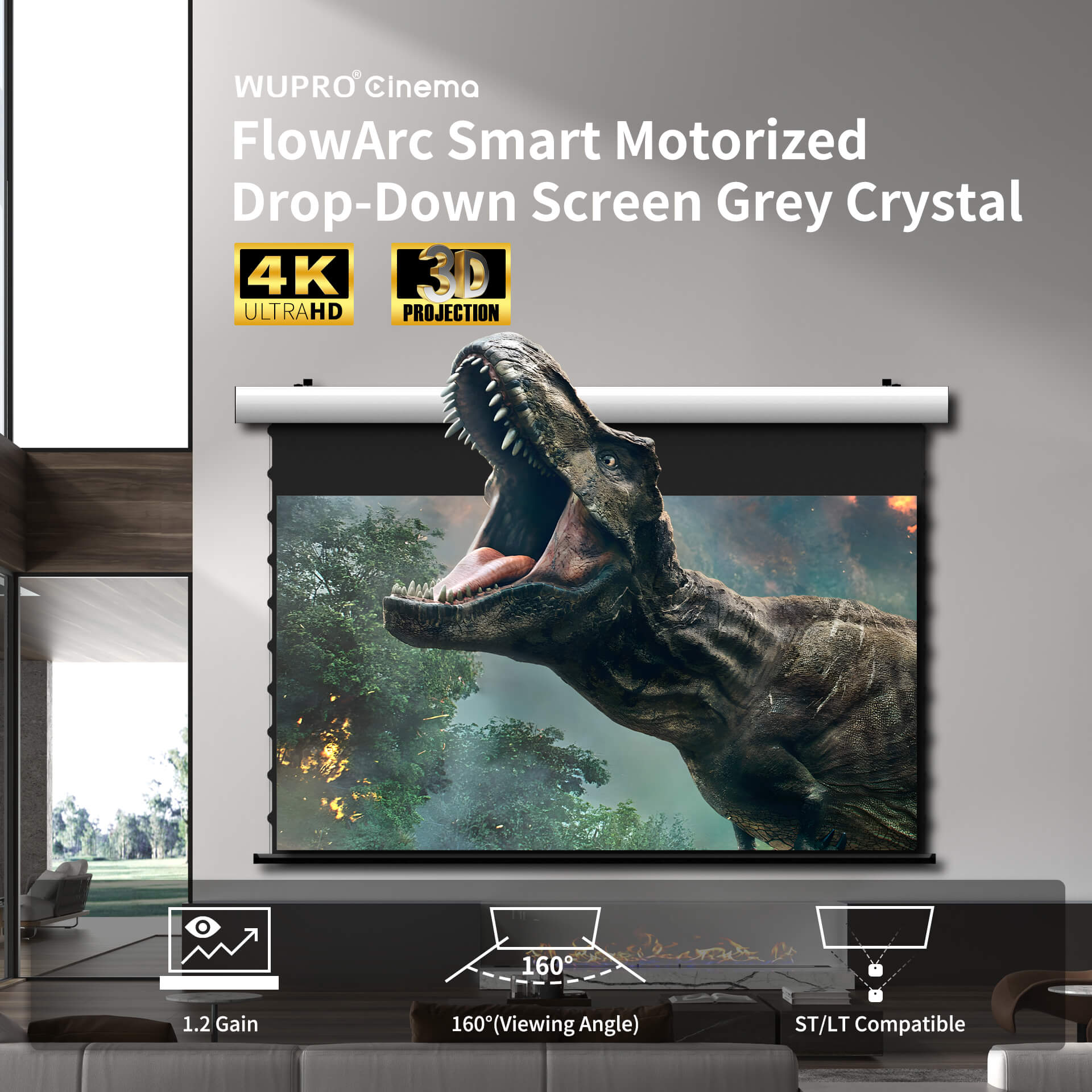 WUPRO Cinema FlowArc Écran motorisé à descente automatique, couleur Gris Crystal
