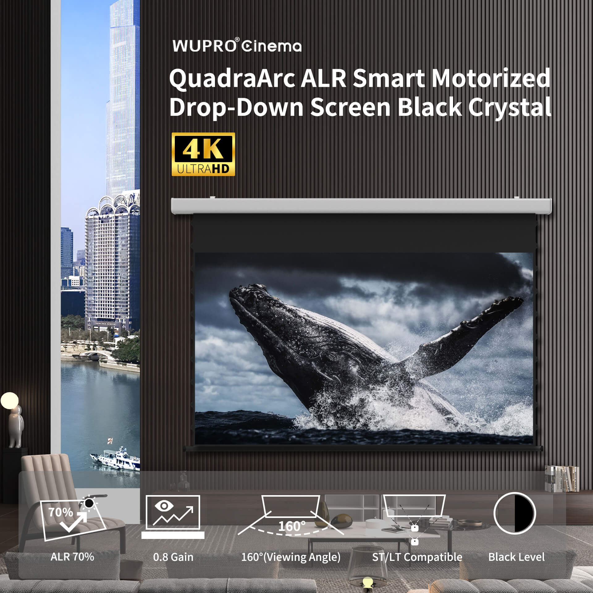 WUPRO Cinema QuadraArc ALR Écran motorisé à projection frontale et arrière, noir cristal