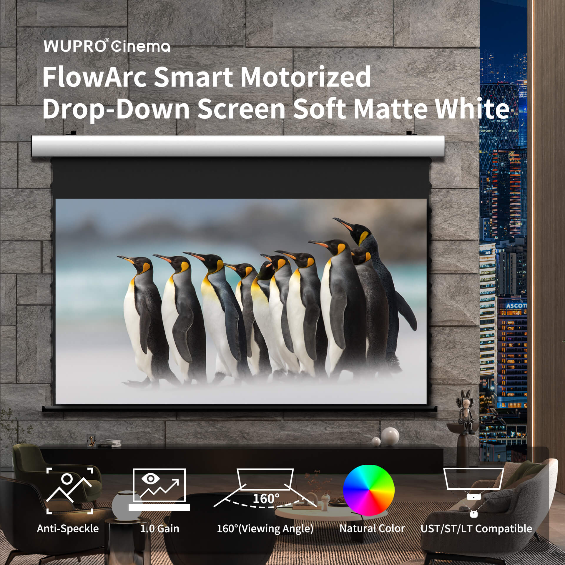 WUPRO Cinema FlowArc Écran motorisé à descente automatique intelligent, blanc soft mat