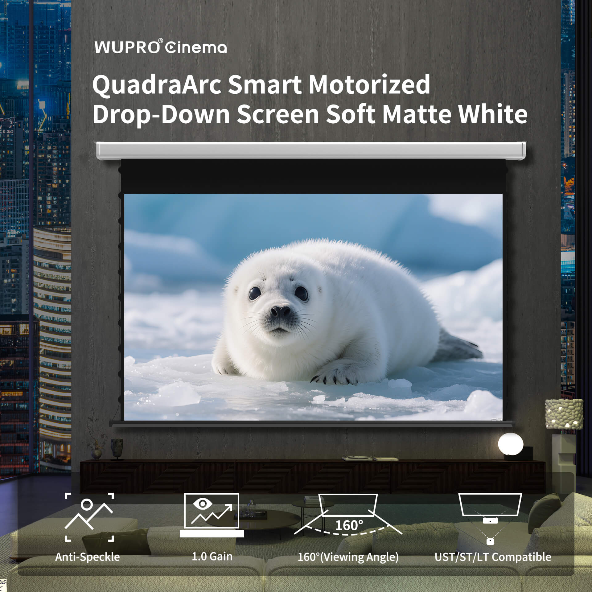 WUPRO Cinema QuadraArc Smart Motorized Drop-Down Screen Soft Matte White