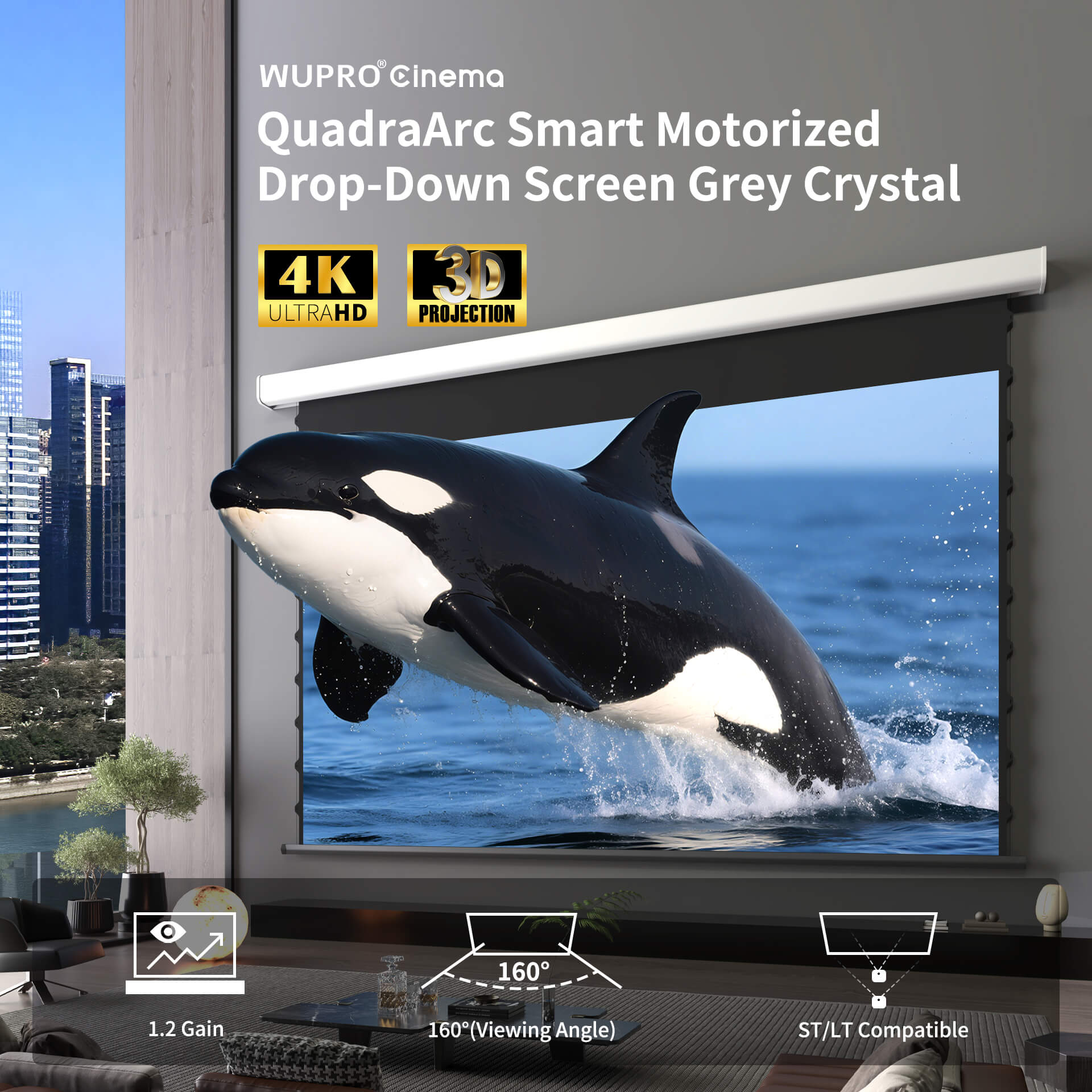 WUPRO Cinema QuadraArc Smart Motorized Drop-Down Screen Grey Crystal