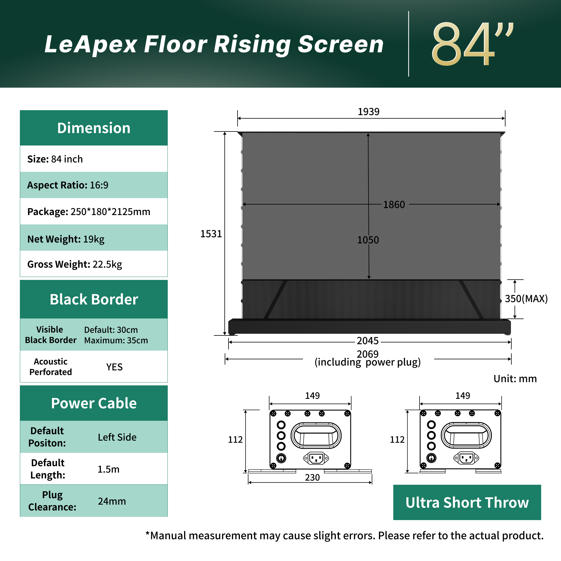 Dimensions and size chart for WUPRO 84 inch LeApex motorized floor rising projector screens.