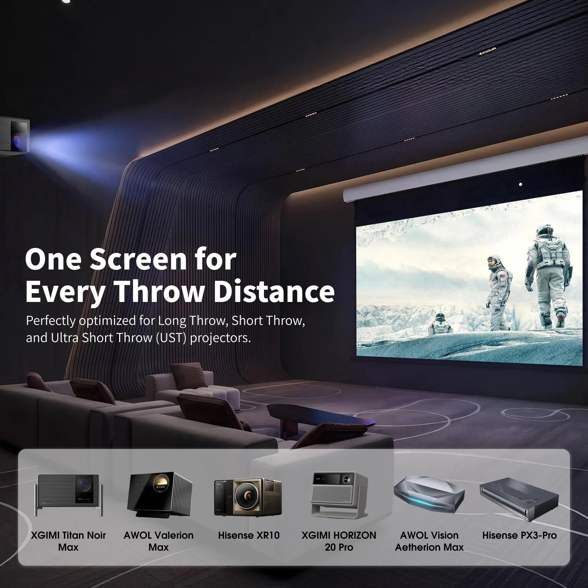 FlowArc Woven AT screen compatible with many leading RGB triple-laser projector models