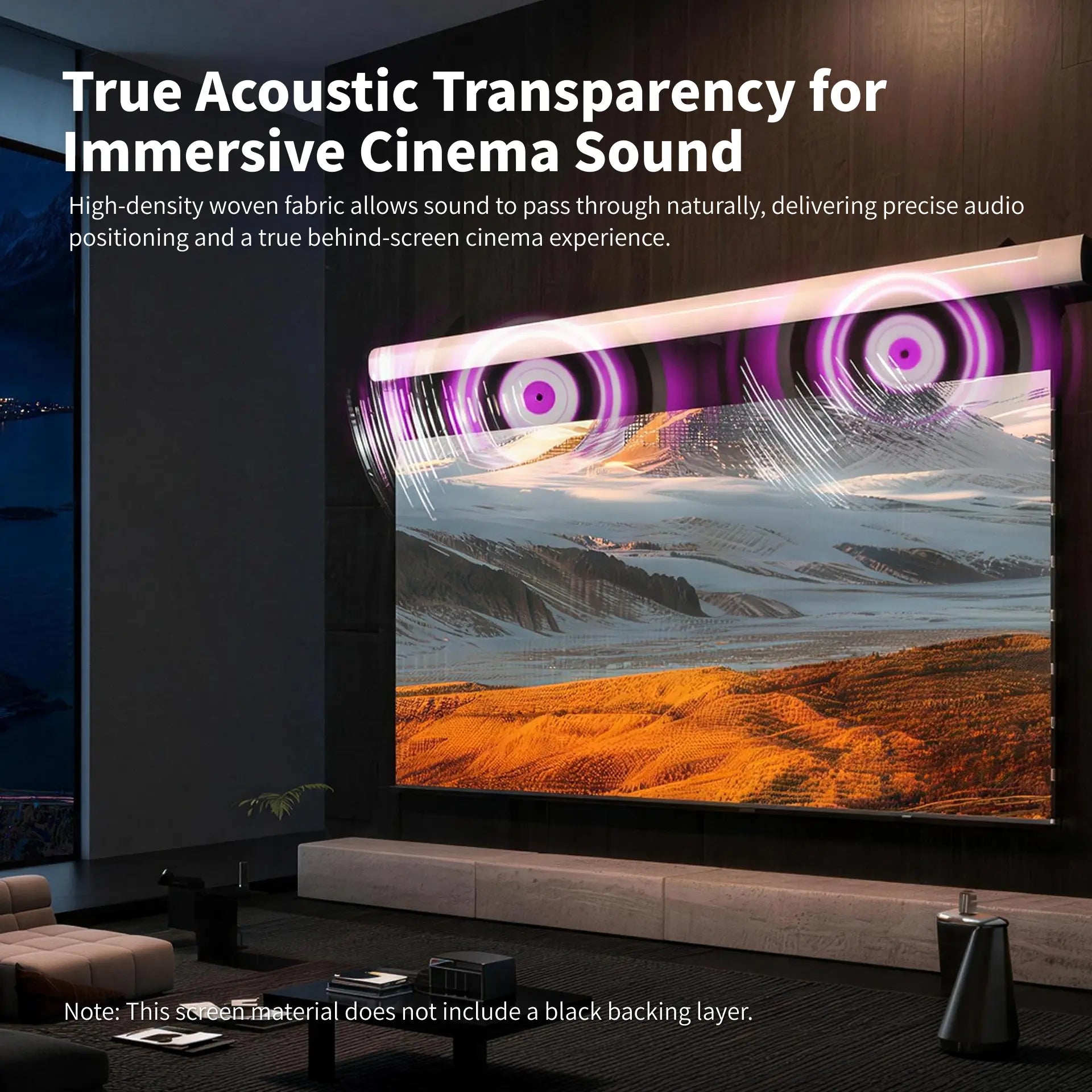 FlowArc woven acoustically transparent drop-down screen using acoustic transparent woven material for behind-screen speaker placement