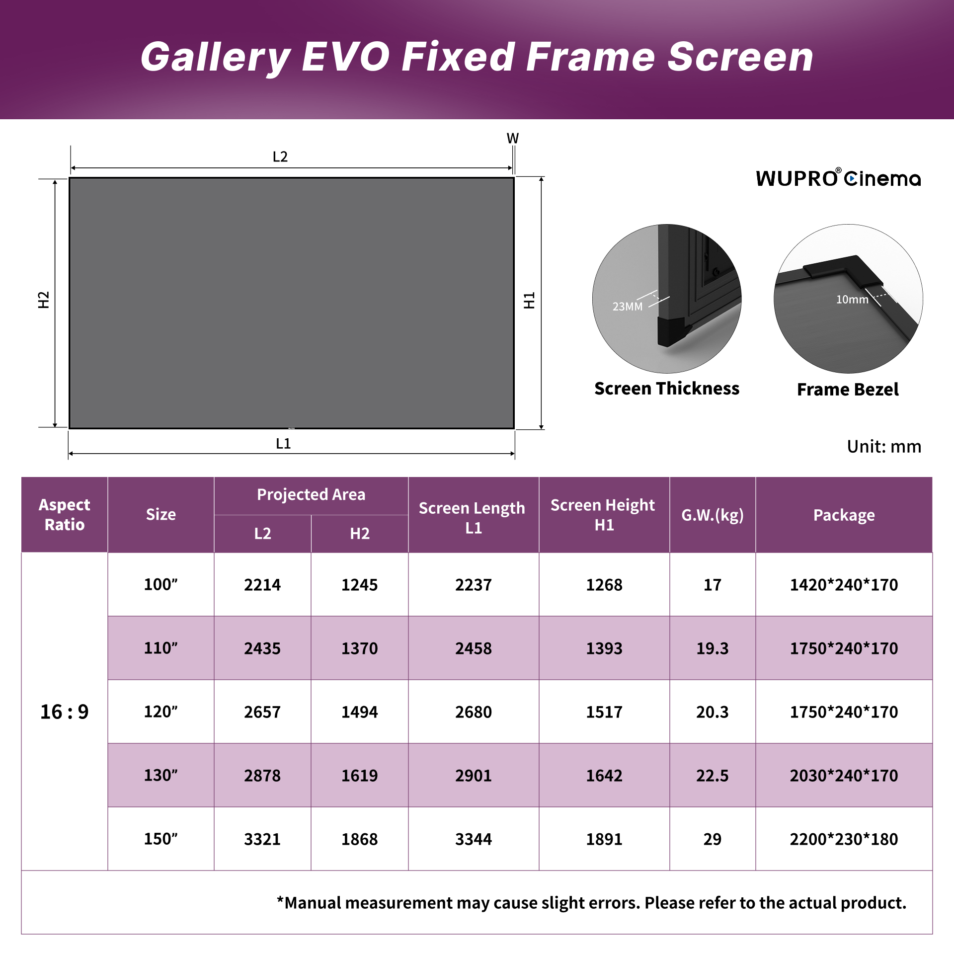 WUPRO Cinema Gallery Series CLR Anti-Speckle Fixed Frame Screen Lenticular LT