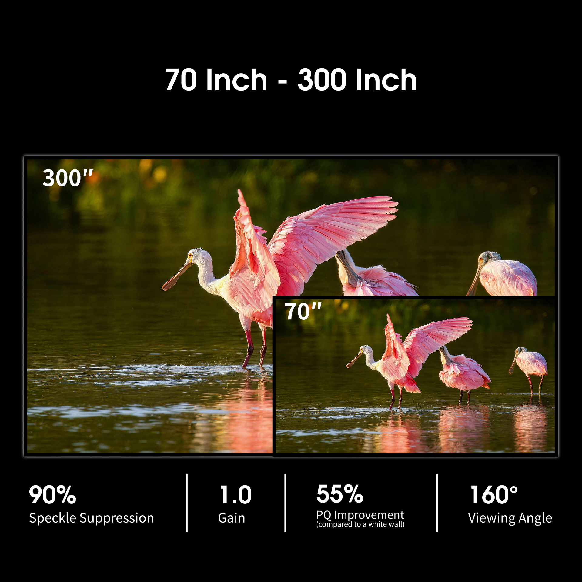 WUPRO Cinema Seamless one-piece matte white screen material offering 55% image enhancement over white walls with a 160-degree wide viewing angle
