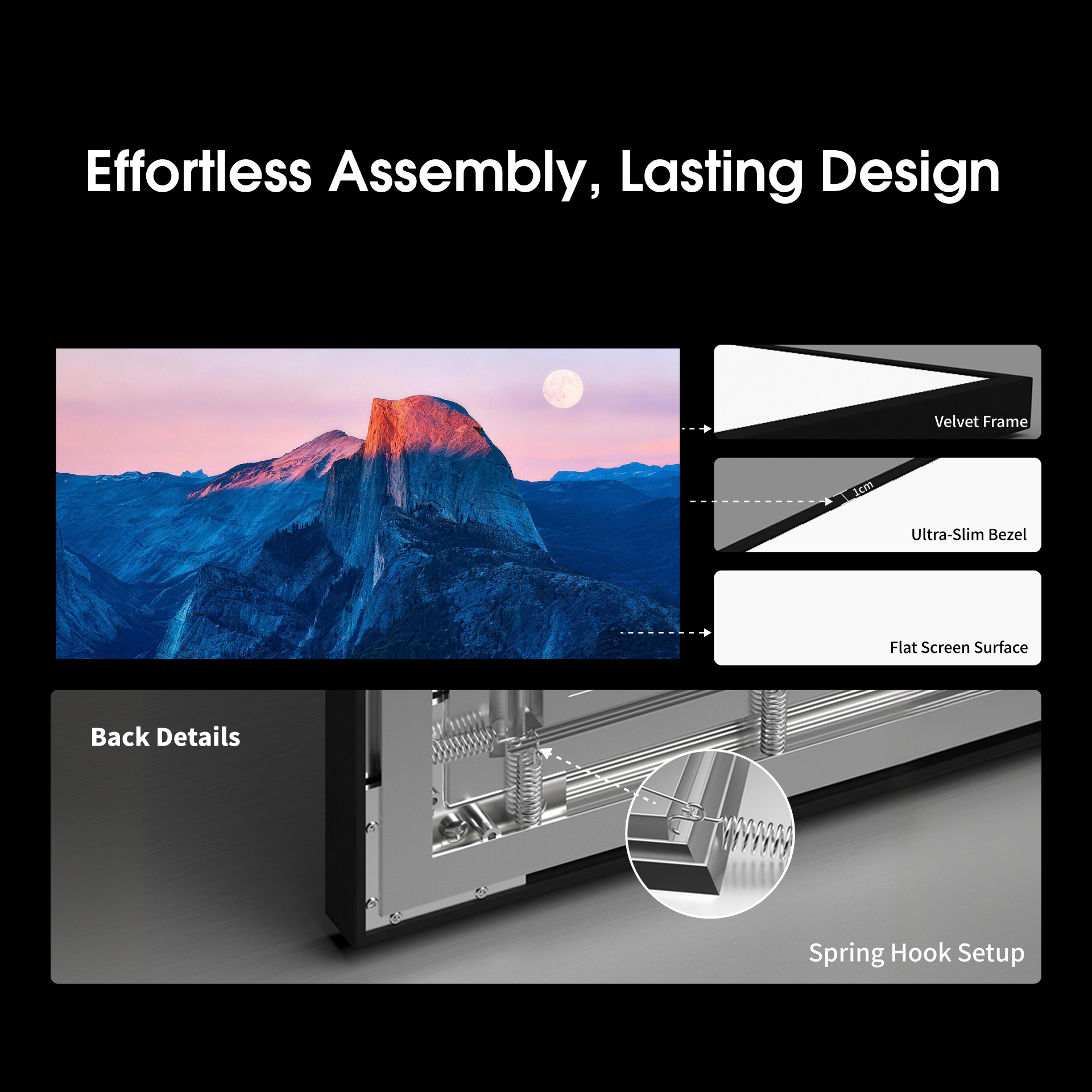 Close-up detail of the wupro slim bezel and narrow frame design for a modern minimalist fixed frame projection screen