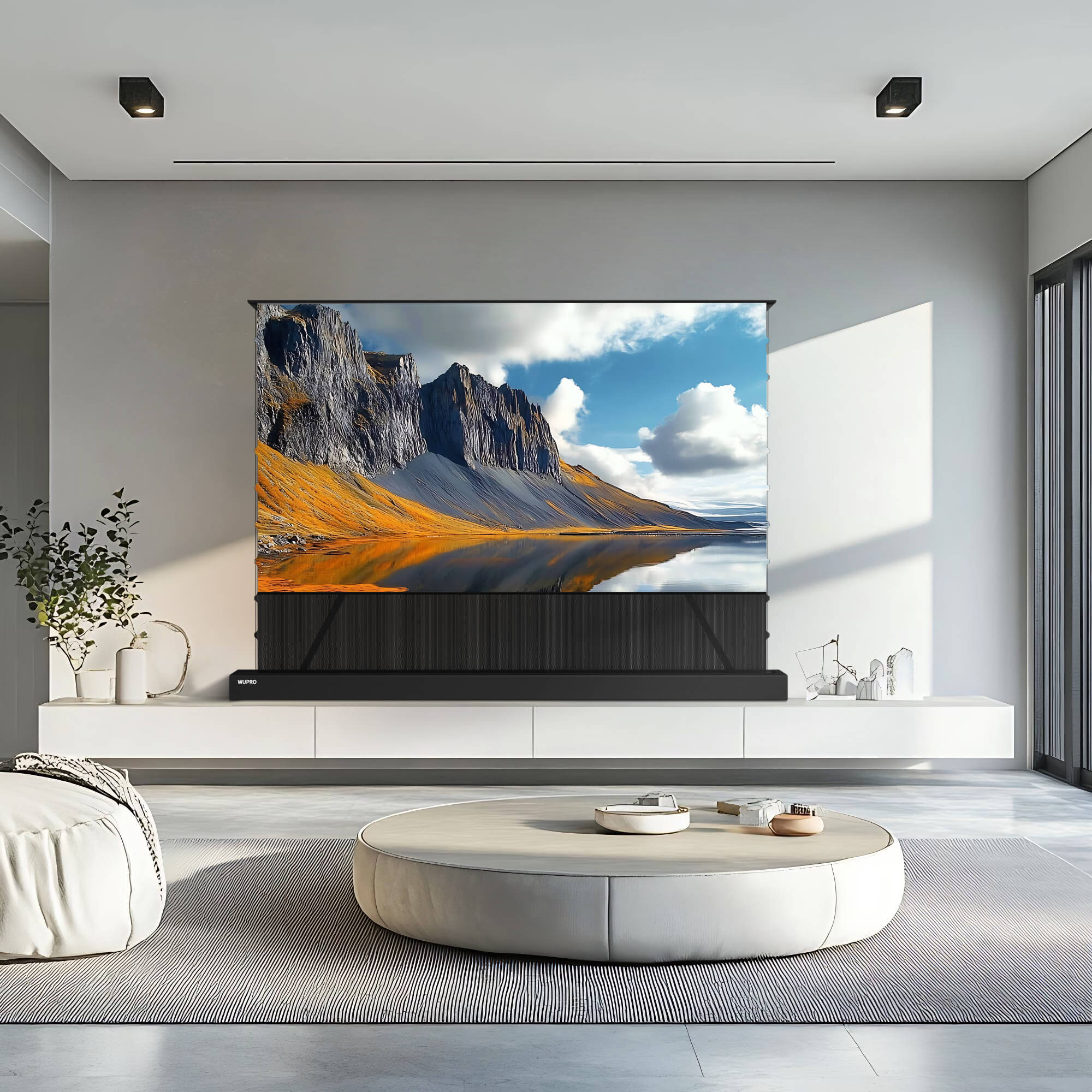 UST CLR ALR screen blocking ceiling light in a bright living room, providing high contrast 4K images