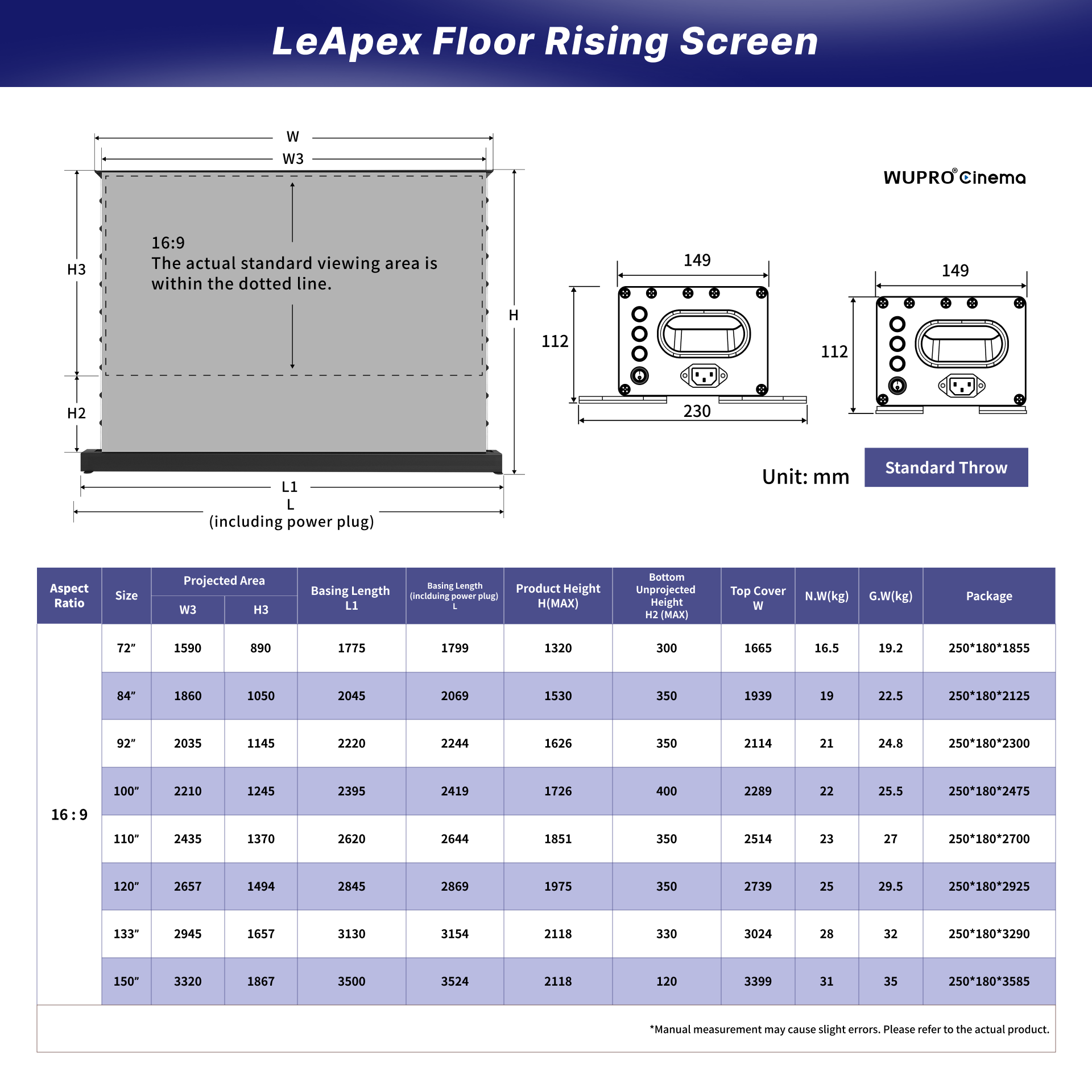 WUPRO Cinema LeApex Smart Motorized Floor Rising Screen Grey Crystal