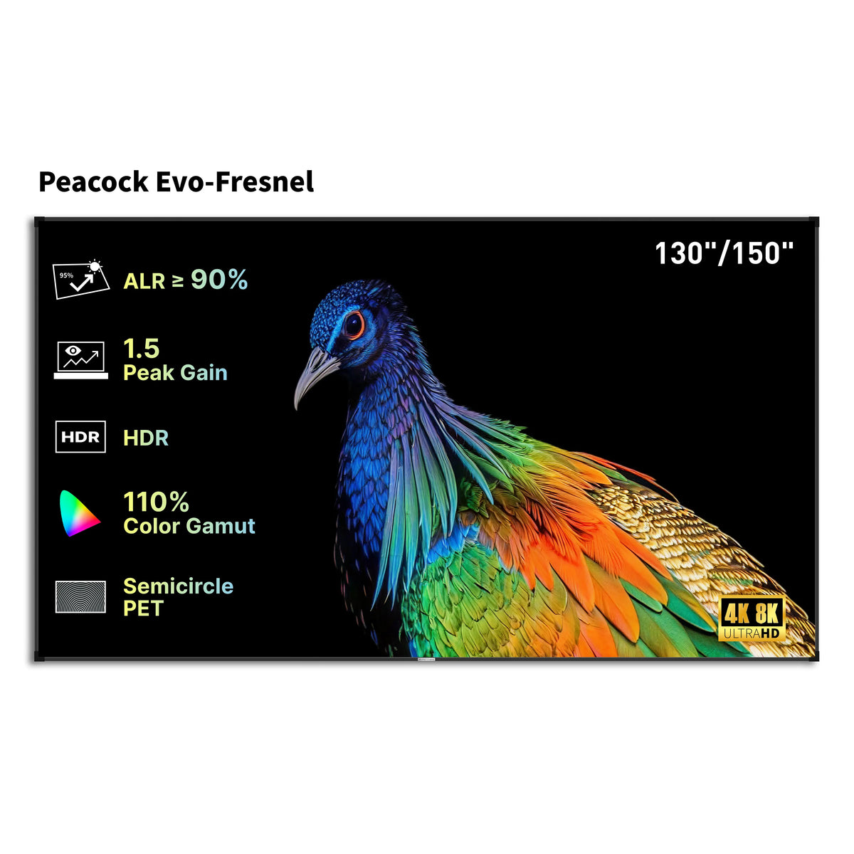 Pantalla de proyección de marco fijo ALR sin juntas de 150 pulgadas WUPRO Cinema SEAMLESS Peacock Evo, Fresnel