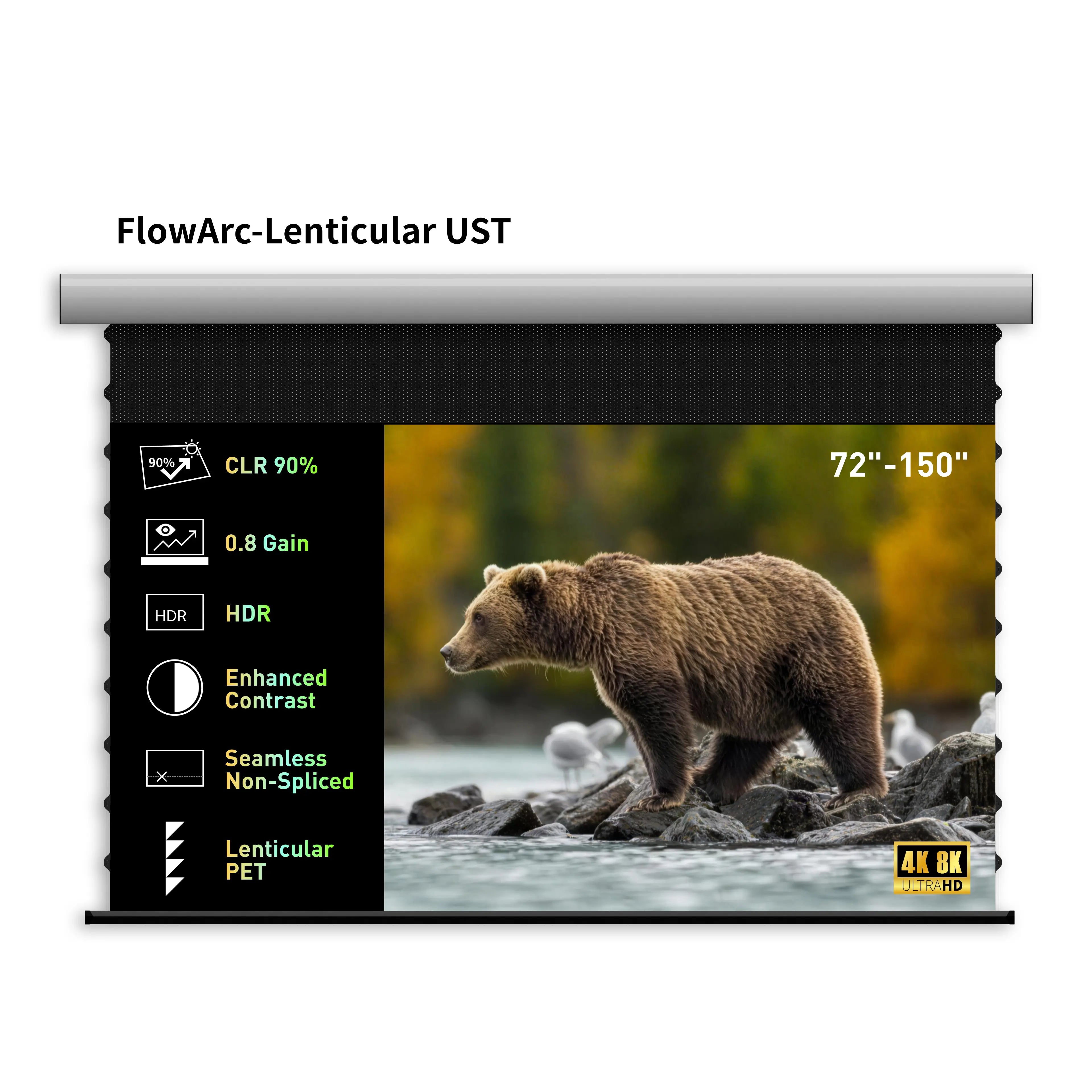 WUPRO FlowArc 72–150 inch motorized drop-down UST projector screen with Lenticular CLR ALR surface