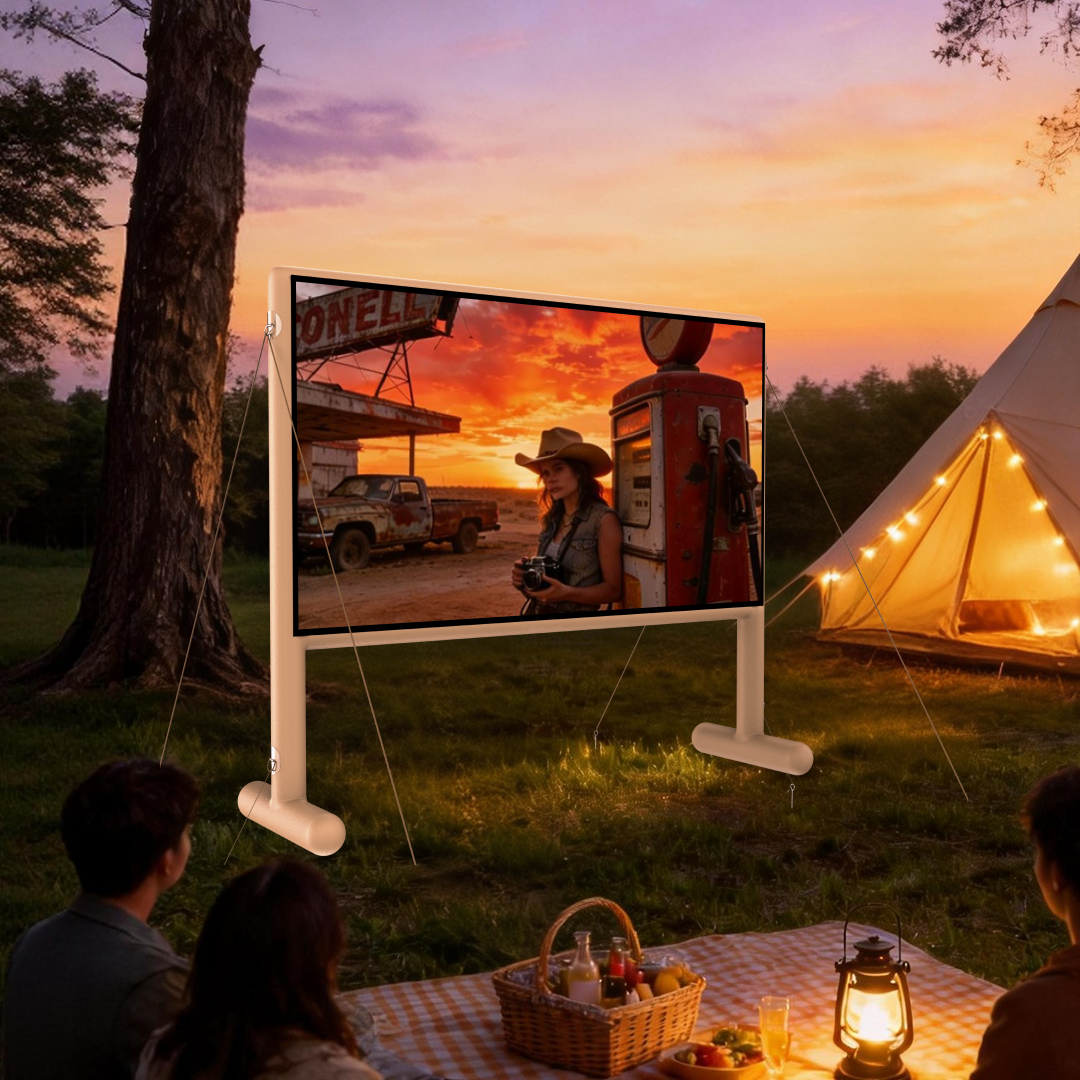 AirGO inflatable projector screen for outdoor camping movie night with portable projector and family entertainment