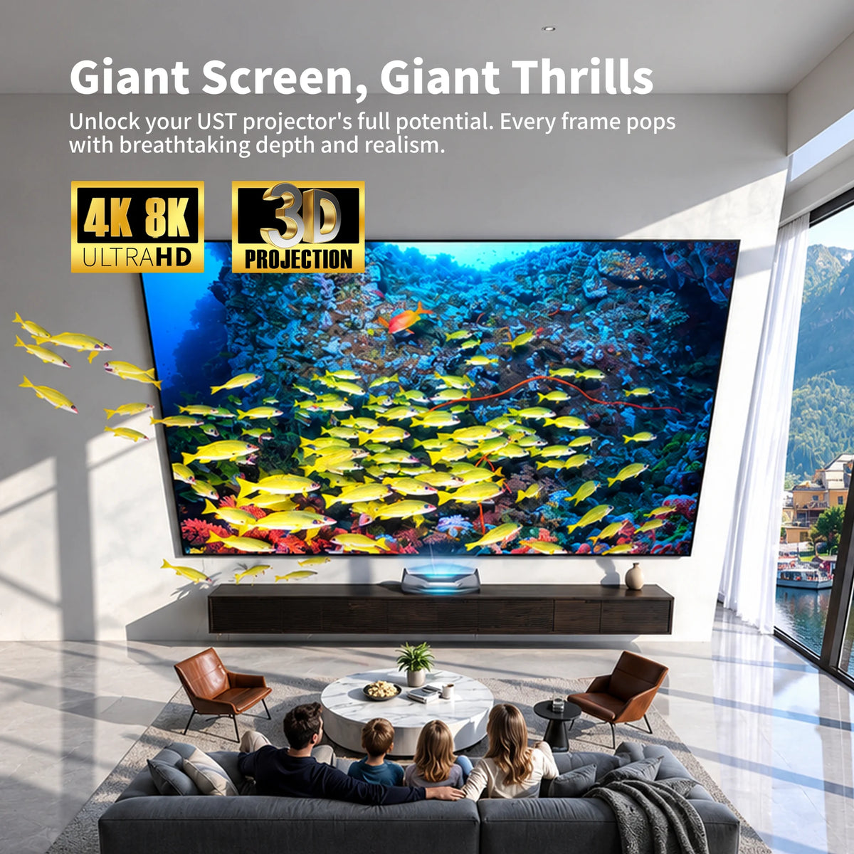 Wupro Cinema 150 inch UST projector screen creates an immersive home theater experience with Hisense, Formovie, Epson, Samsung and LG projectors.