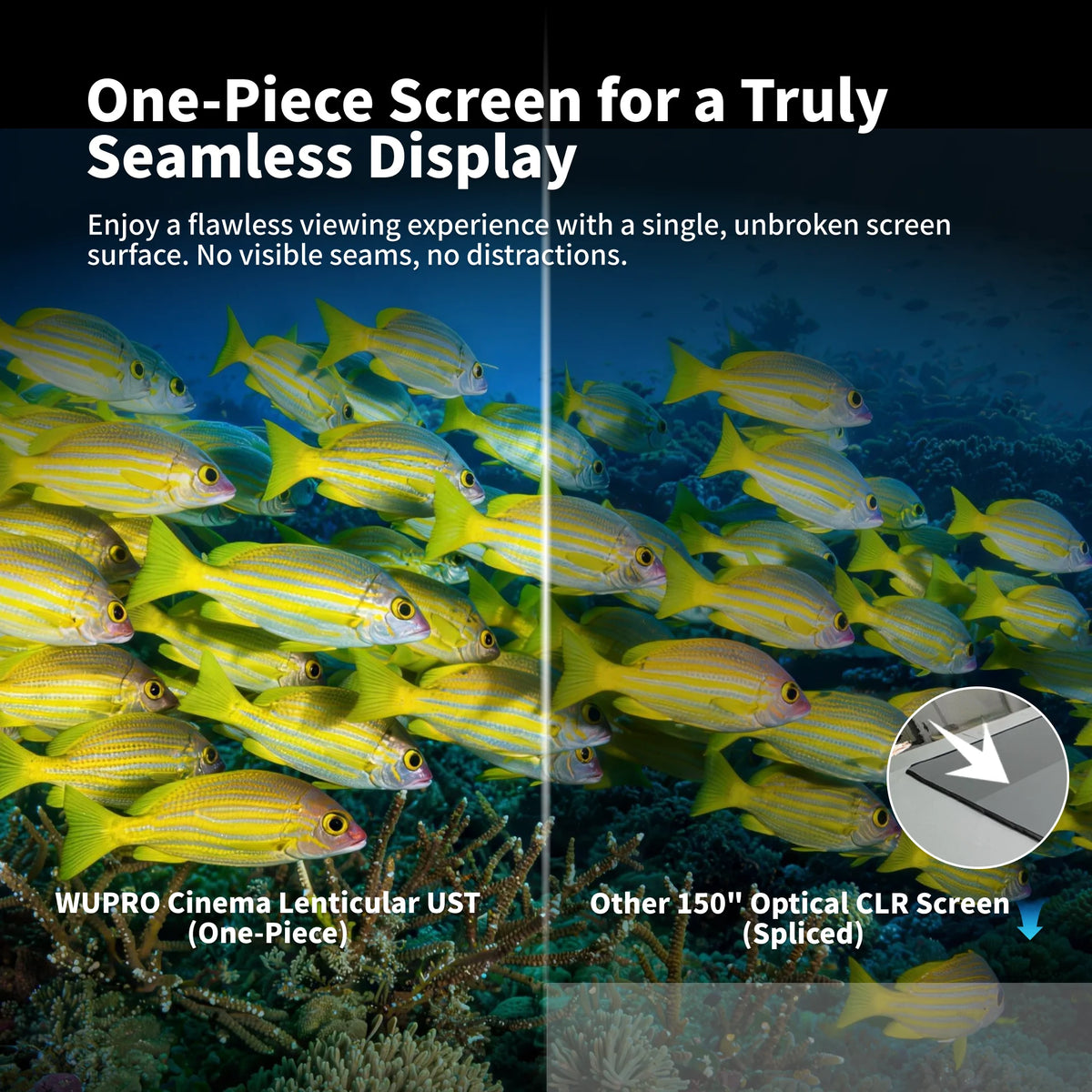 Wupro Cinema seamless true one-piece surface ensuring no color difference on 150 inch UST screen.