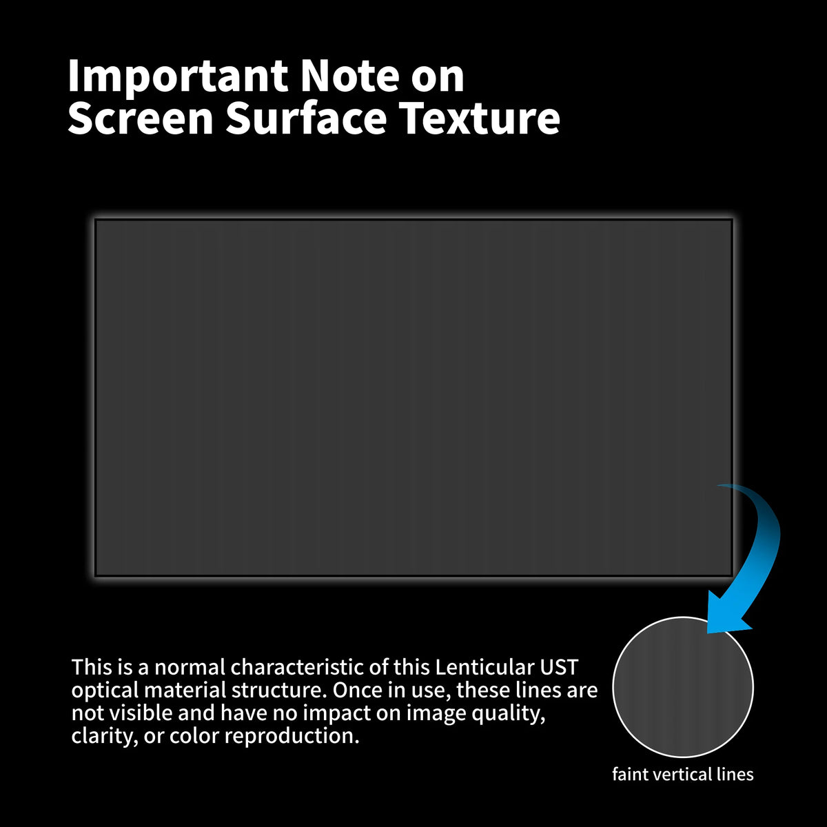 Wupro Cinema close-up of Gallery Lenticular UST 150 inch optical surface texture with vertical lines when unprojected.