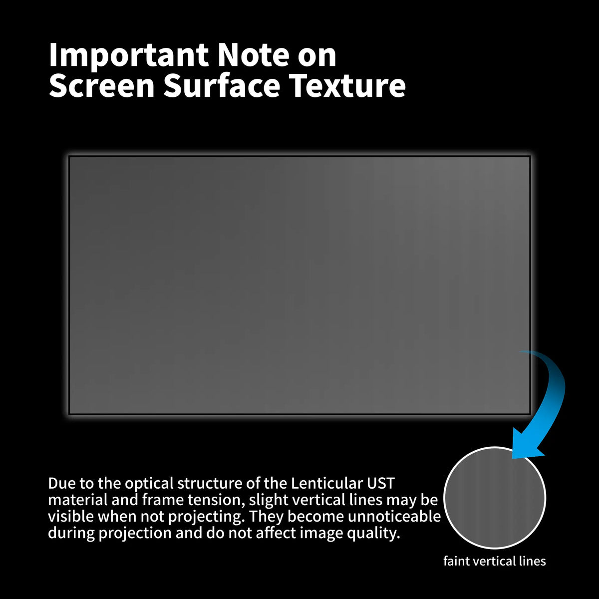 Wupro Cinema close-up of Gallery Lenticular UST 150 inch optical surface texture with vertical lines when unprojected.
