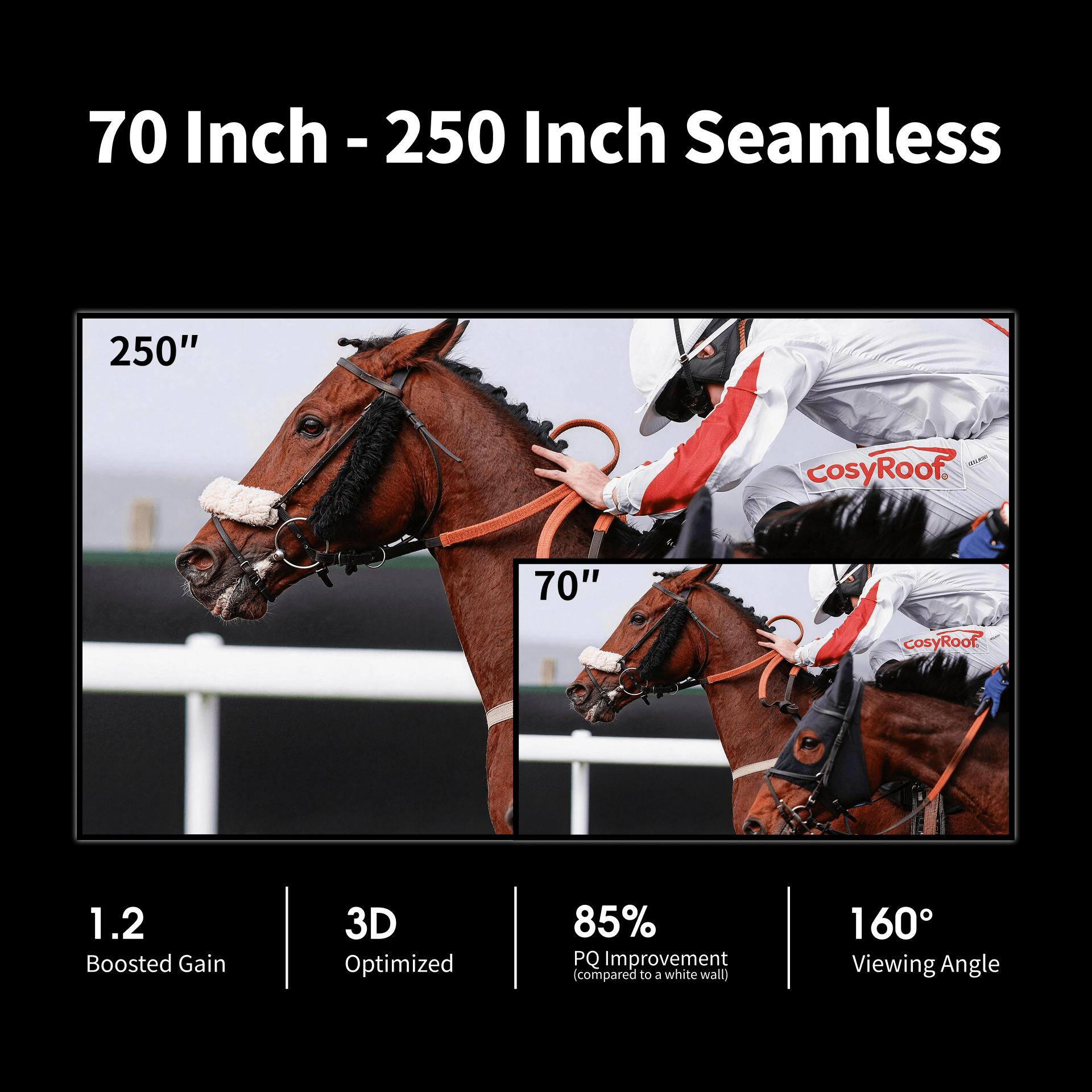 WUPRO 70 to 250 inch seamless Grey Crystal screen with 1.2 gain, 160° wide viewing angle and enhanced image quality up to 75 percent