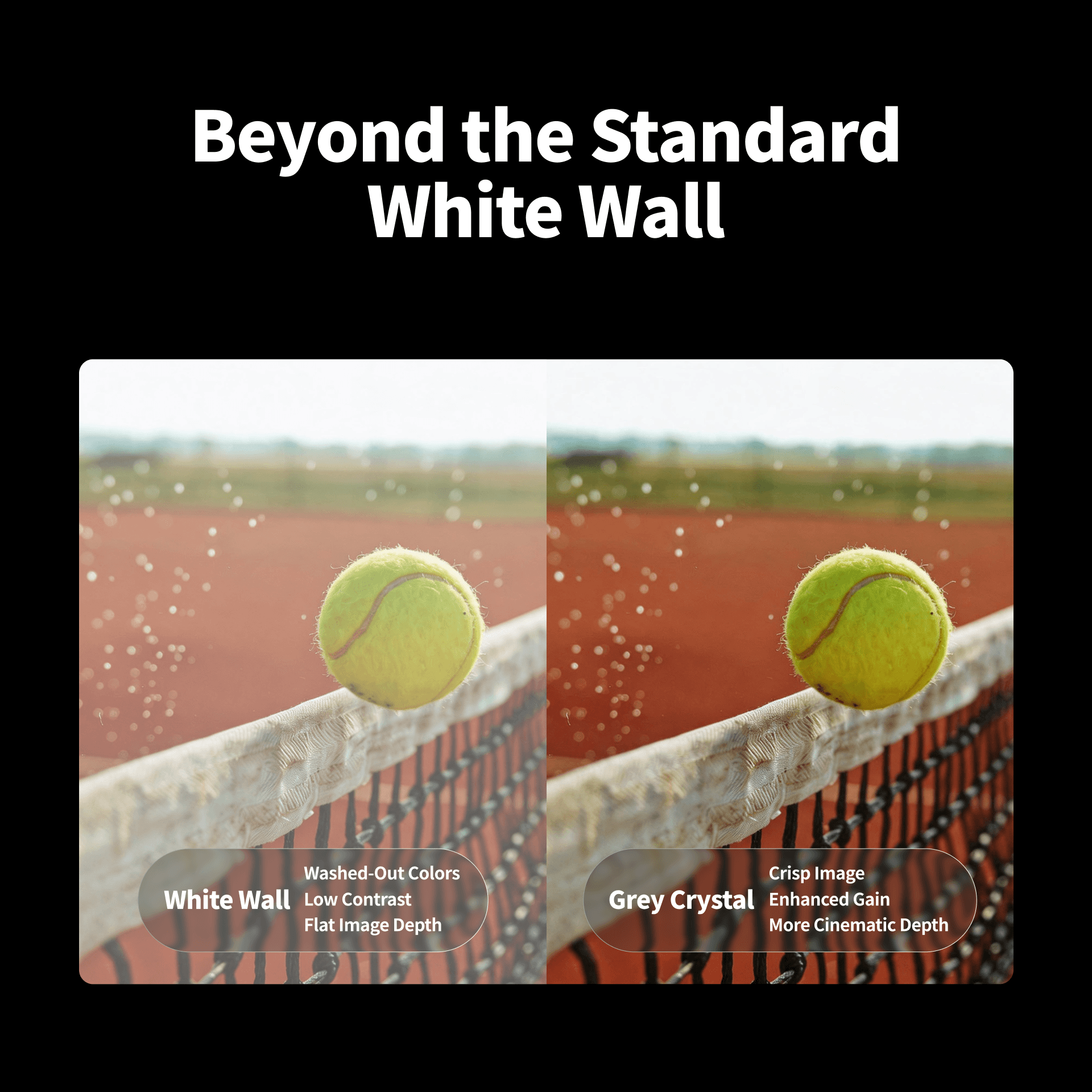 Comparison between Grey Crystal screen and white wall showing improved contrast, color accuracy and image sharpness