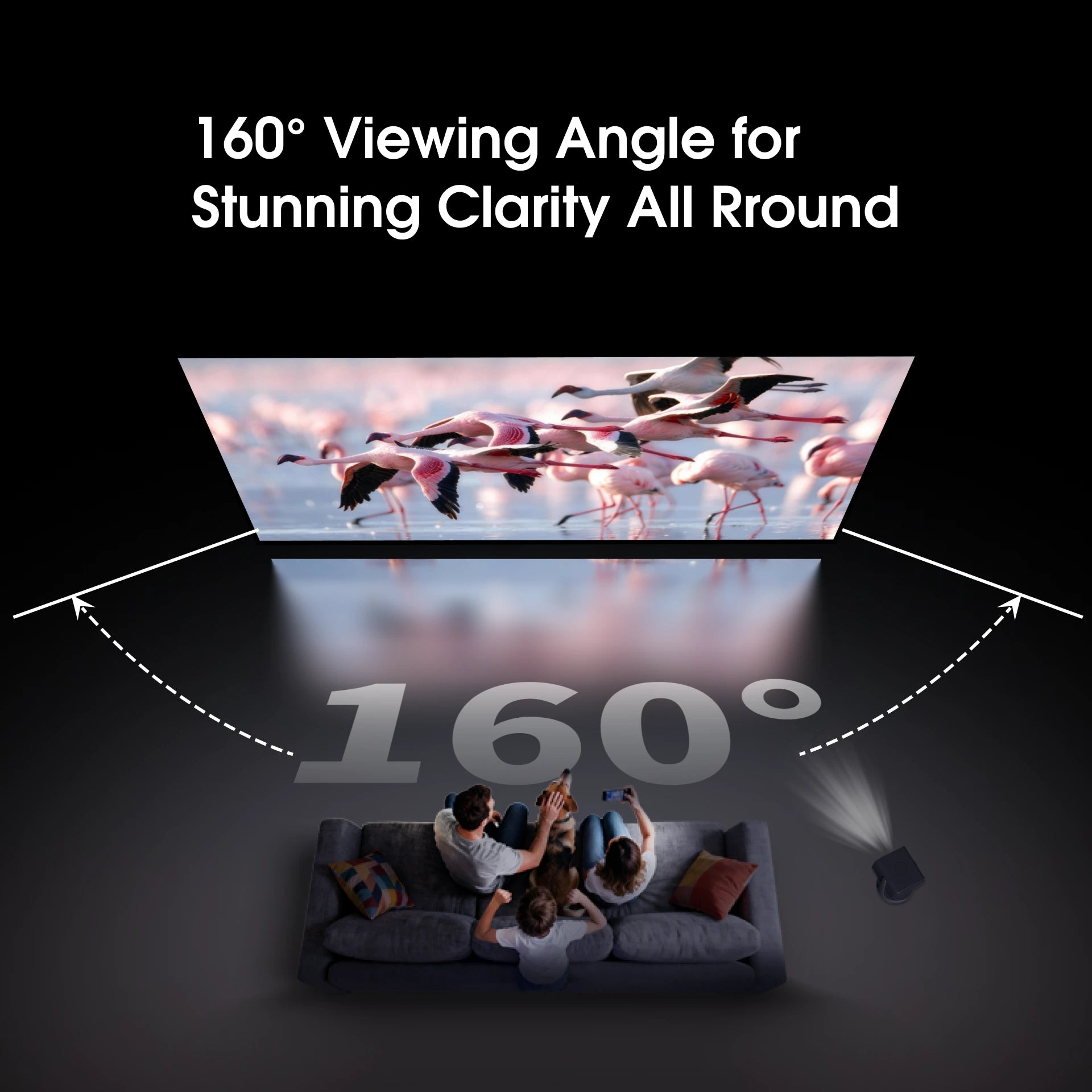 WUPRO Cinema 4K Weave AT fixed frame screen 160 degree wide viewing angle diagram — three-person sofa all within the uniform brightness zone for group movie watching
