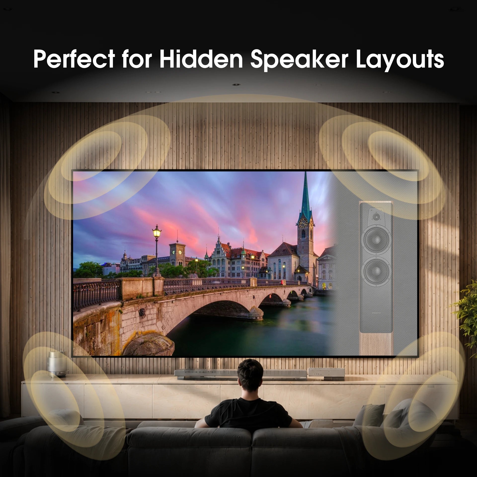 WUPRO Cinema 4K Weave acoustically transparent screen enabling hidden behind-screen speaker placement — sound waves pass through woven fabric with minimal attenuation for immersive home theater audio