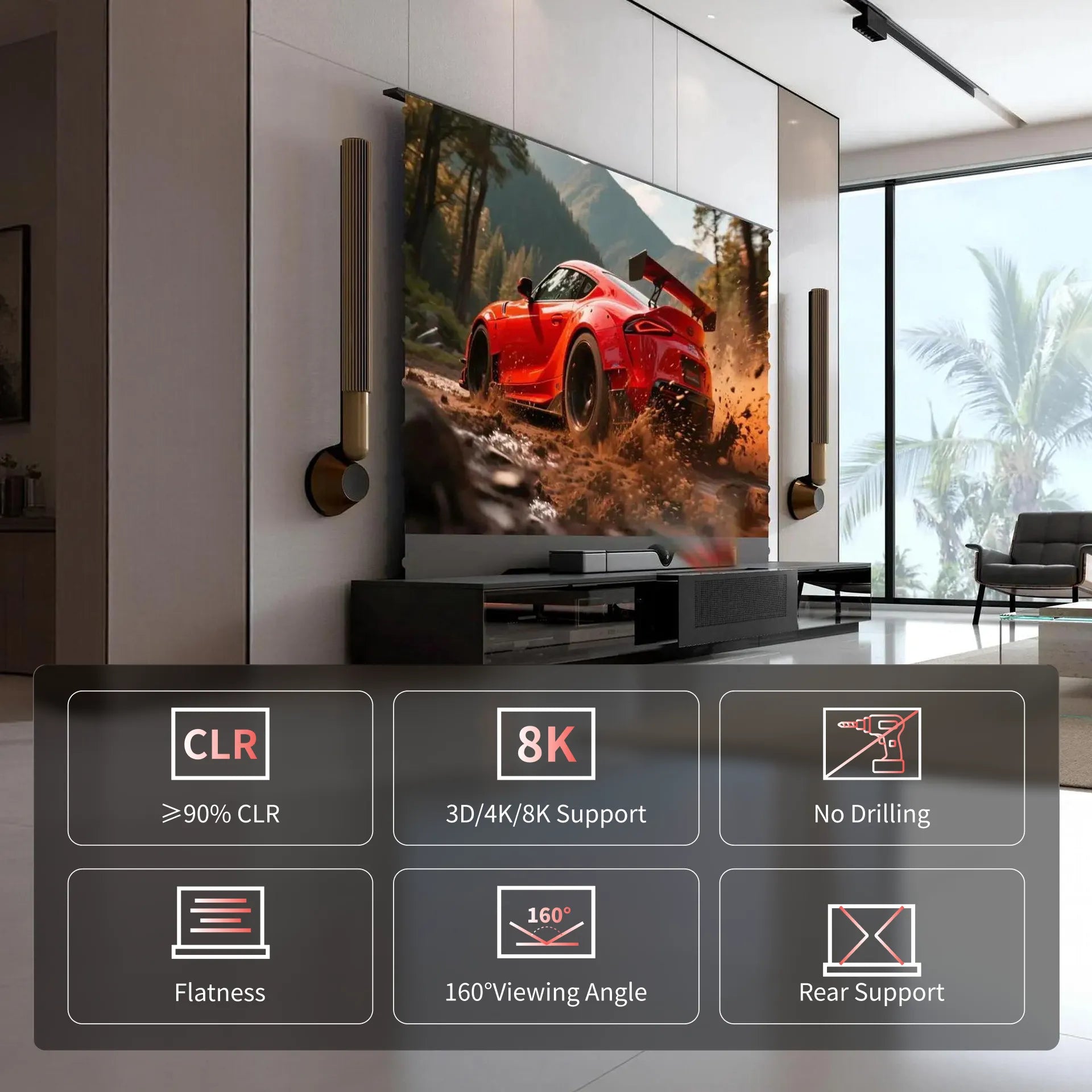 WUPRO Berlin laser TV cabinet paired with LeApex CBSP CLR floor rising screen for 4K and 8K ultra short throw projection