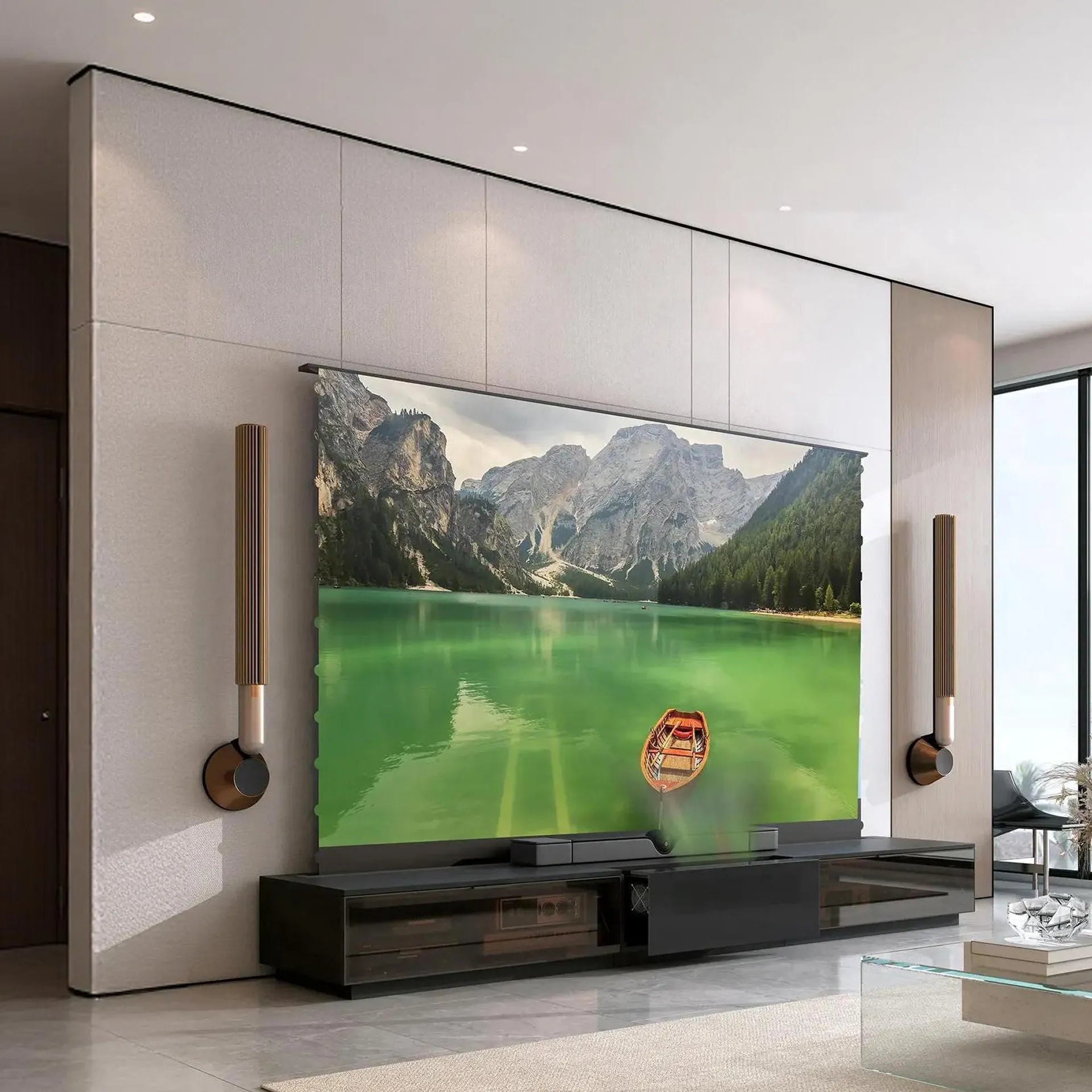 Modern living room featuring the WUPRO Berlin hidden laser TV cabinet with UST projector and motorized floor rising screen All-in-One Hidden Cinema Solution