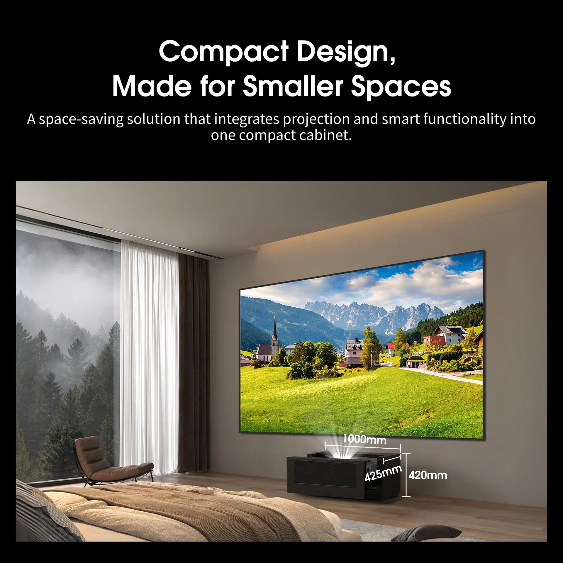 WUPRO CineCube compact UST projector cabinet with minimalist design, space-saving laser TV furniture for small home theater