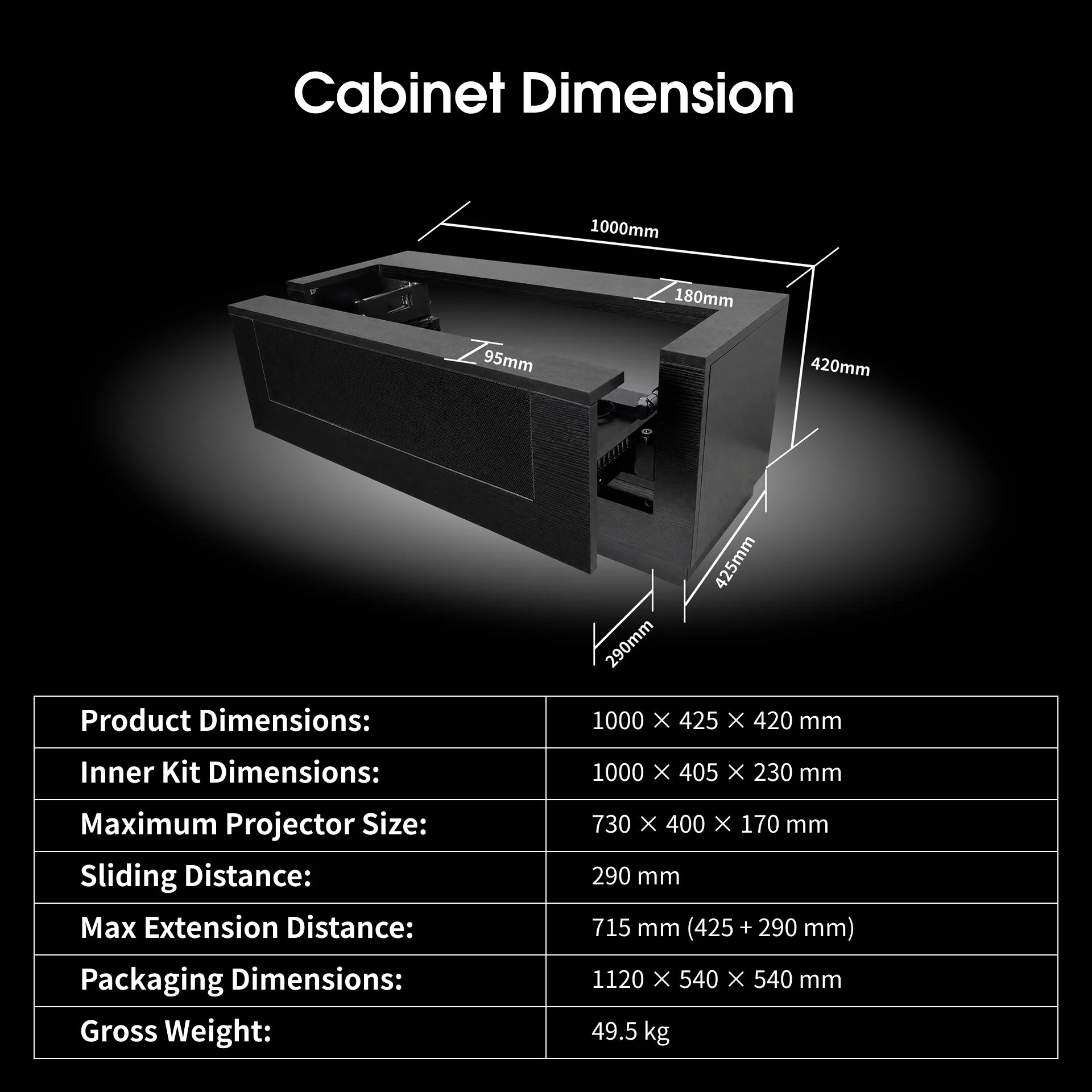WUPRO CineCube laser TV cabinet dimensions, compatible UST projector size, product specifications and package dimensions