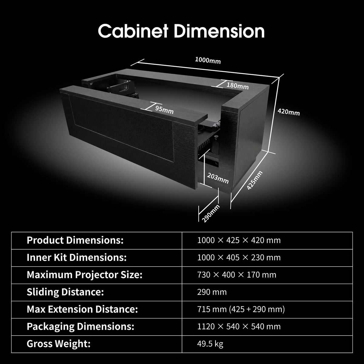 WUPRO CineCube laser TV cabinet dimensions, compatible UST projector size, product specifications and package dimensions