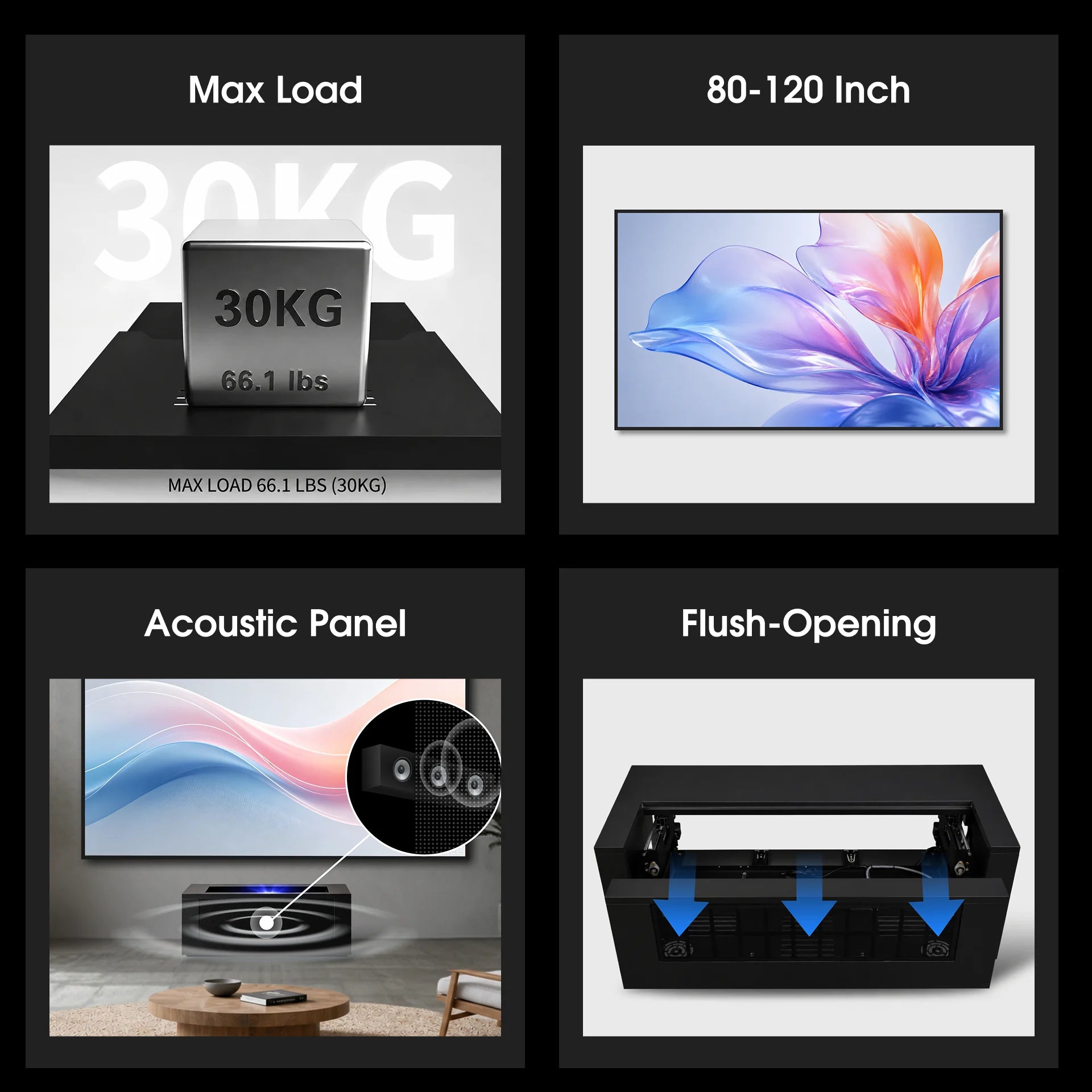 WUPRO CineCube modular motorized UST projector cabinet with smooth operation, position memory, 30kg load capacity and support for up to 120 inch screens