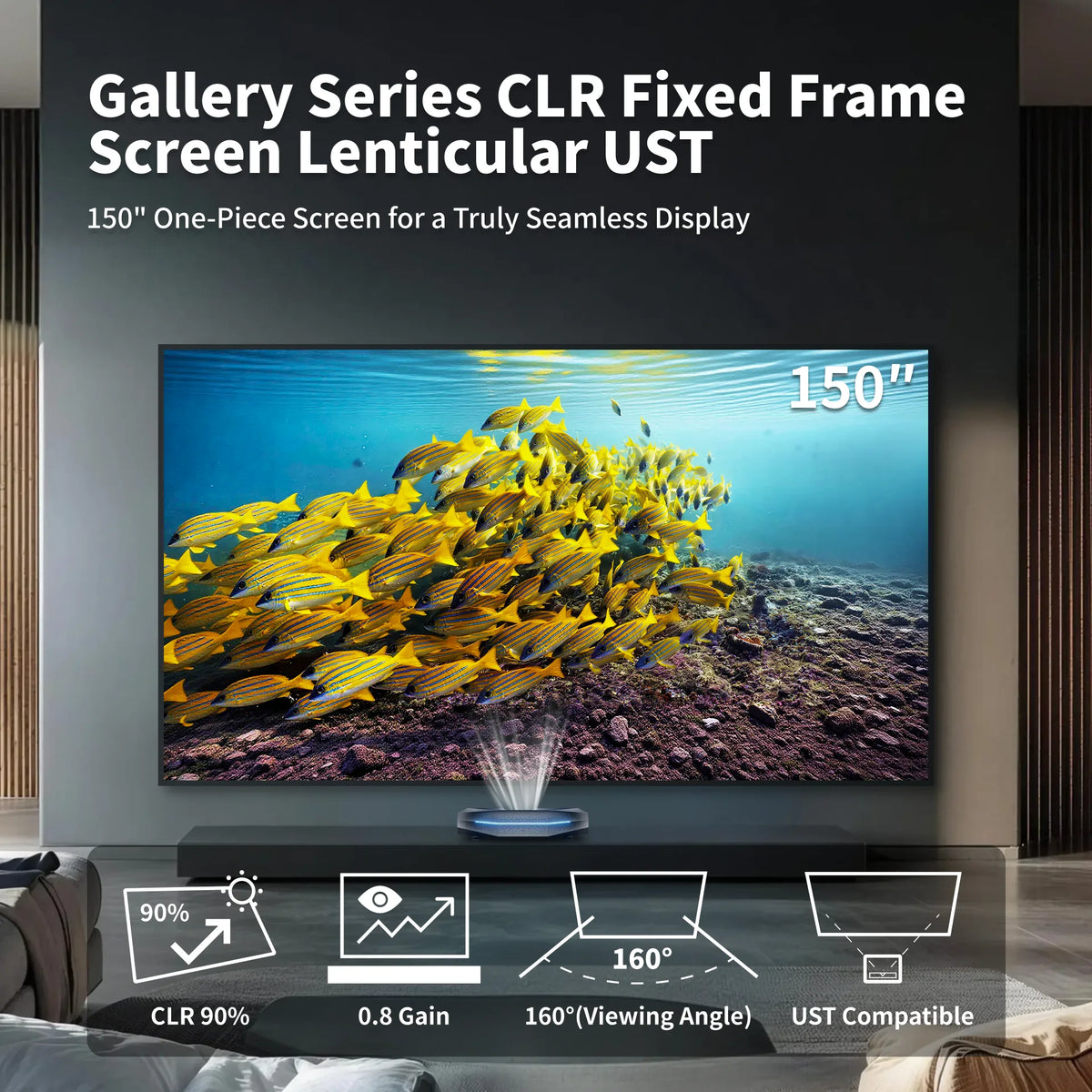 Wupro Cinema Gallery Lenticular UST 150 inch CLR ALR fixed frame projector screen for ultra short throw projectors.