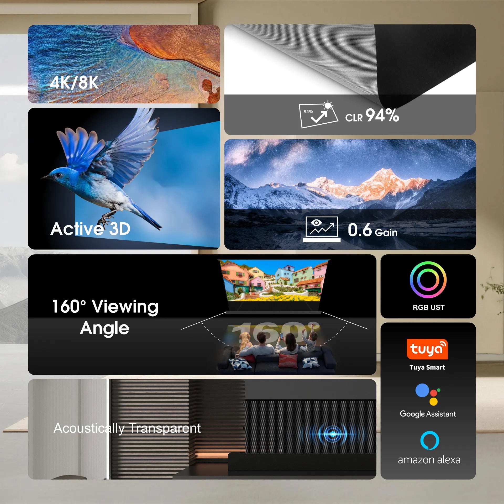 WUPRO Cinema LeApex CBSP UST screen key features including 4K 8K, active 3D, RGB laser compatibility, smart home control and 94% CLR