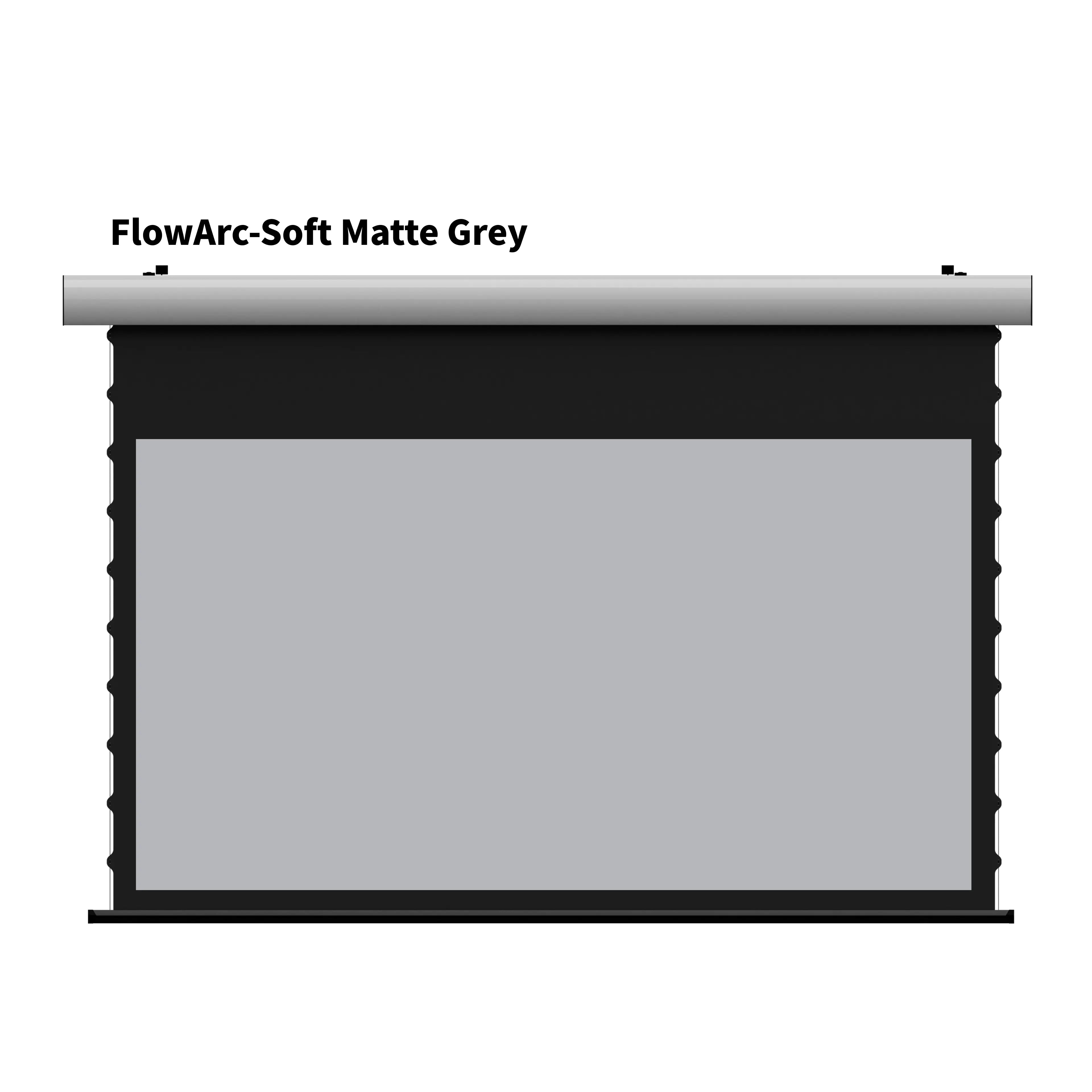 WUPRO FlowArc Motorized Drop Down Screen with White Housing and Soft Matte Grey Screen Material