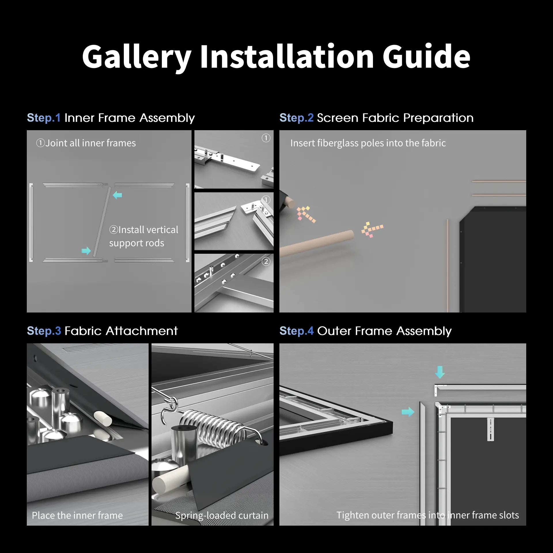 How to install 23 frame Gallery fixed frame screen with spring system for easy and tool-free assembly