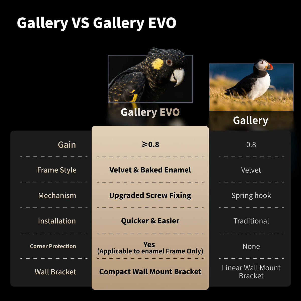 Comparison of WUPRO Gallery EVO and Gallery fixed frame projector screens showing gain, frame style, fixing mechanism, installation, and wall brackets