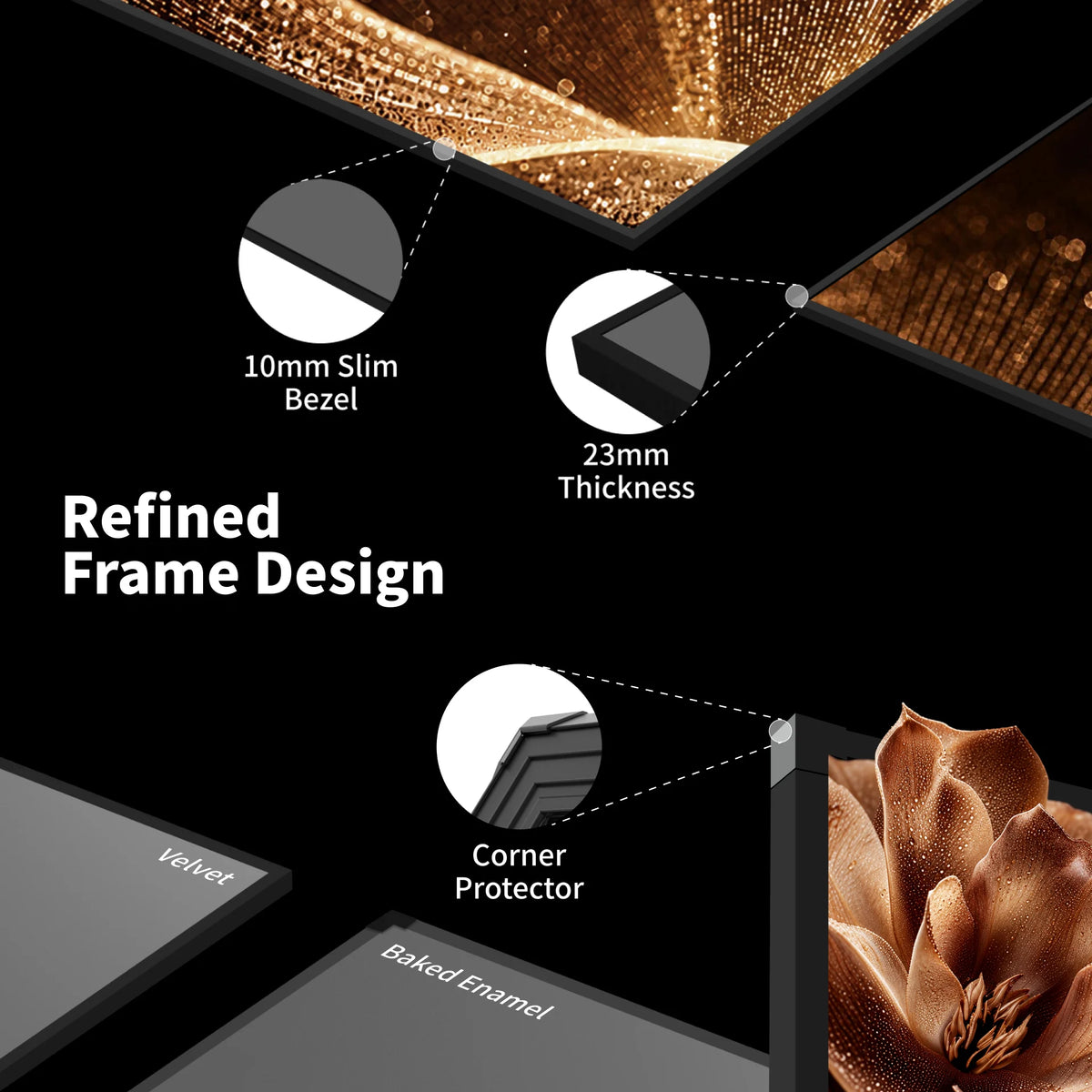 WUPRO Cinema Gallery EVO Black Crystal fixed frame projector screen showing Velvet and Baked Enamel frame finishes with frame structure details