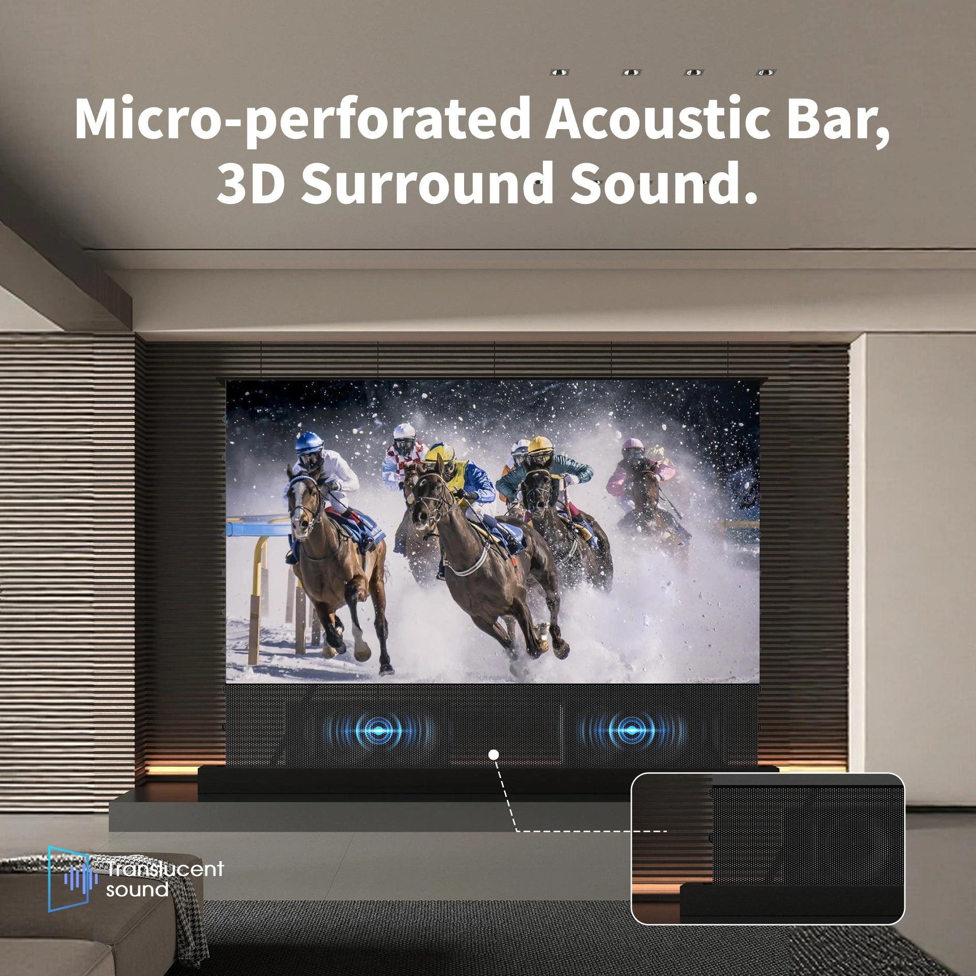 WUPRO LeApex CBSP acoustic transparent floor rising projector screen allowing sound transmission through screen