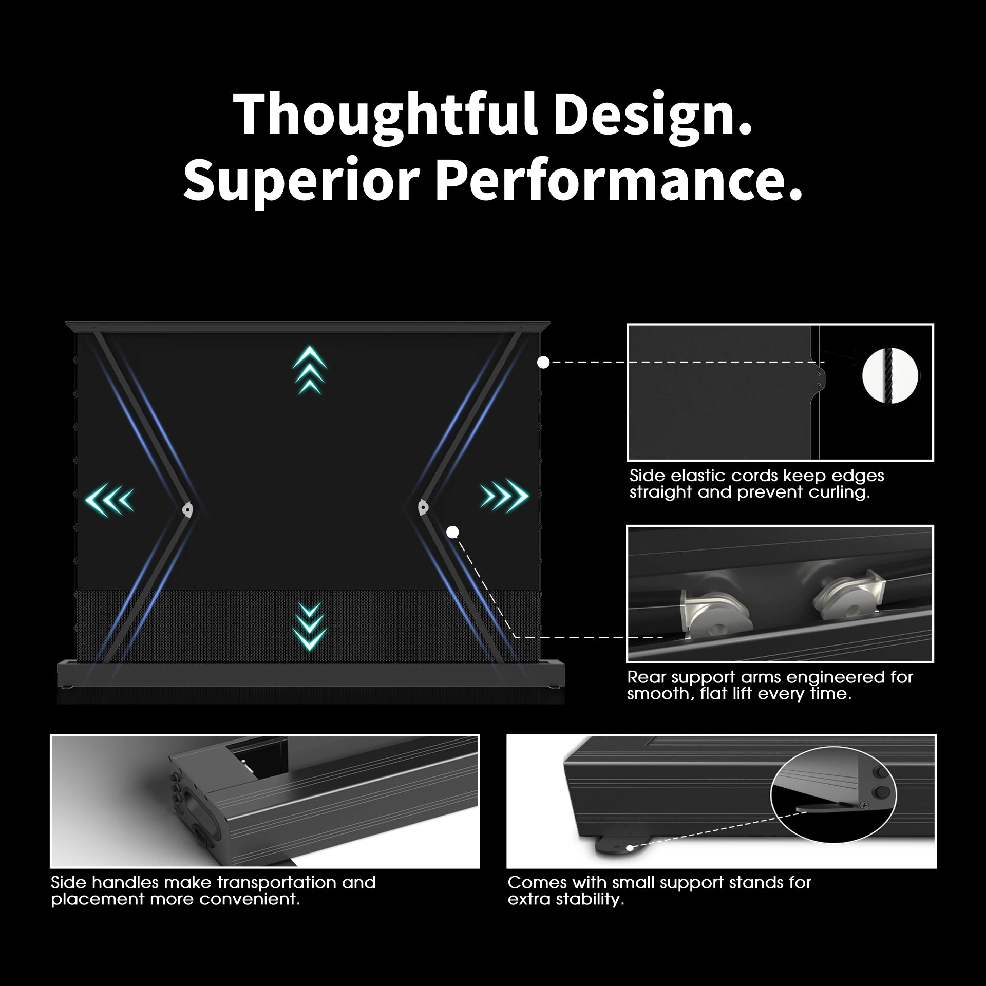 WUPRO LeApex CBSP flat surface motorized floor rising screen with side handles for easy installation and stable smooth operation
