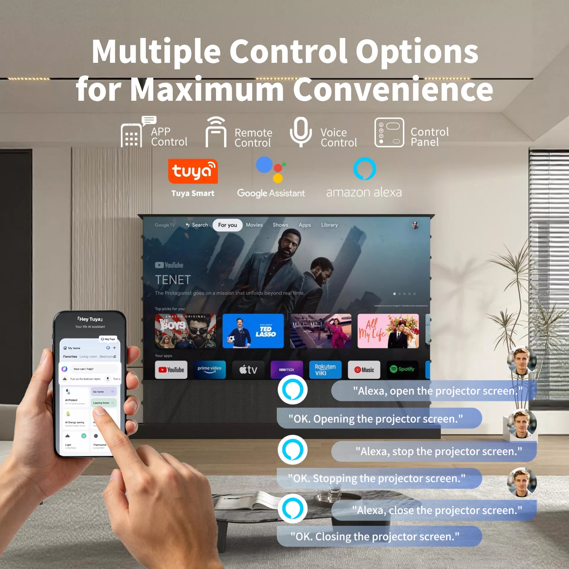 WUPRO LeApex CBSP smart motorized projector screen compatible with Alexa Google Assistant and Tuya smart home