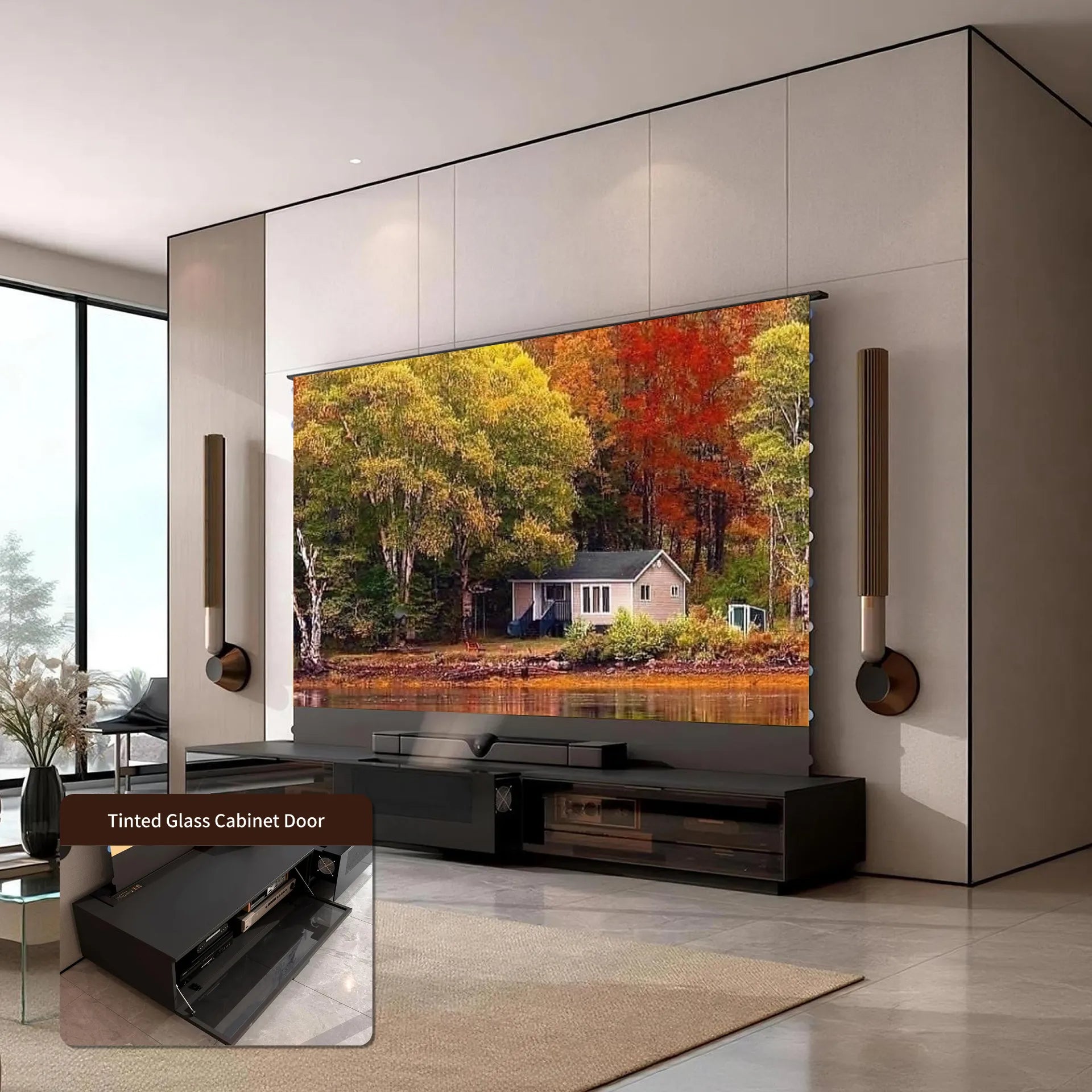 WUPRO UST Laser TV Cabinet Berlin with premium glass flip-down door panel for a modern home theater