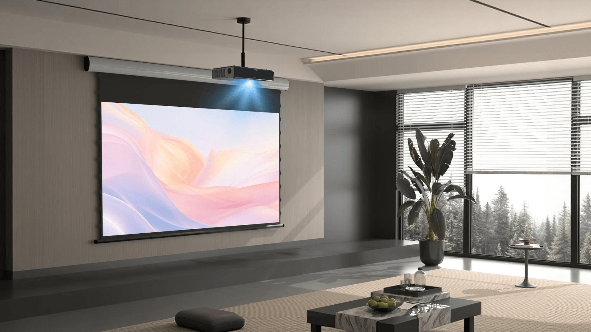 The lenticular optical structure is engineered to accept light from below and reject ambient light from above. Ceiling-mounted projectors use the opposite light path, causing severe brightness and image quality loss.